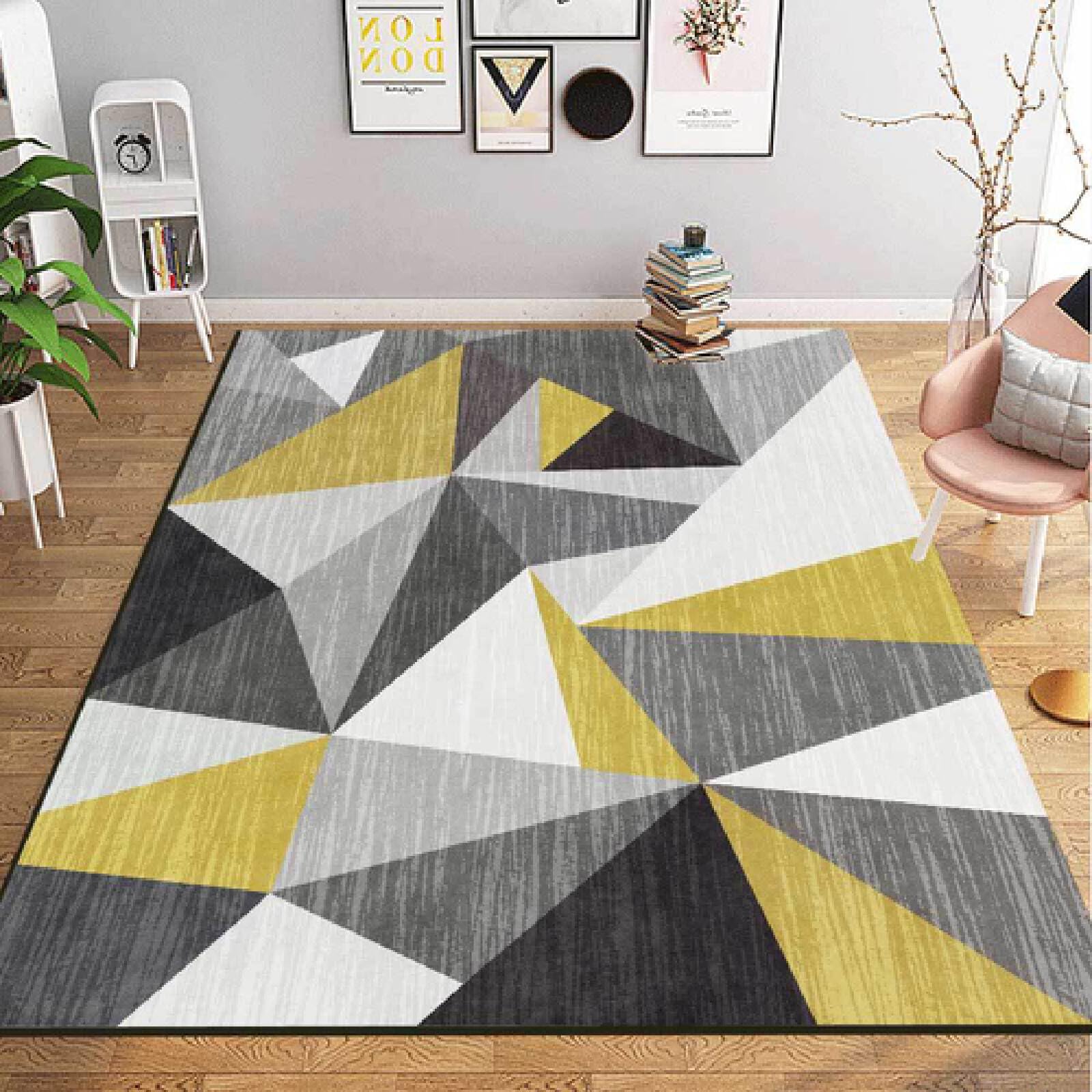 Tapis géométrique noir blanc jaune 100x160 cm pour salon et chambre