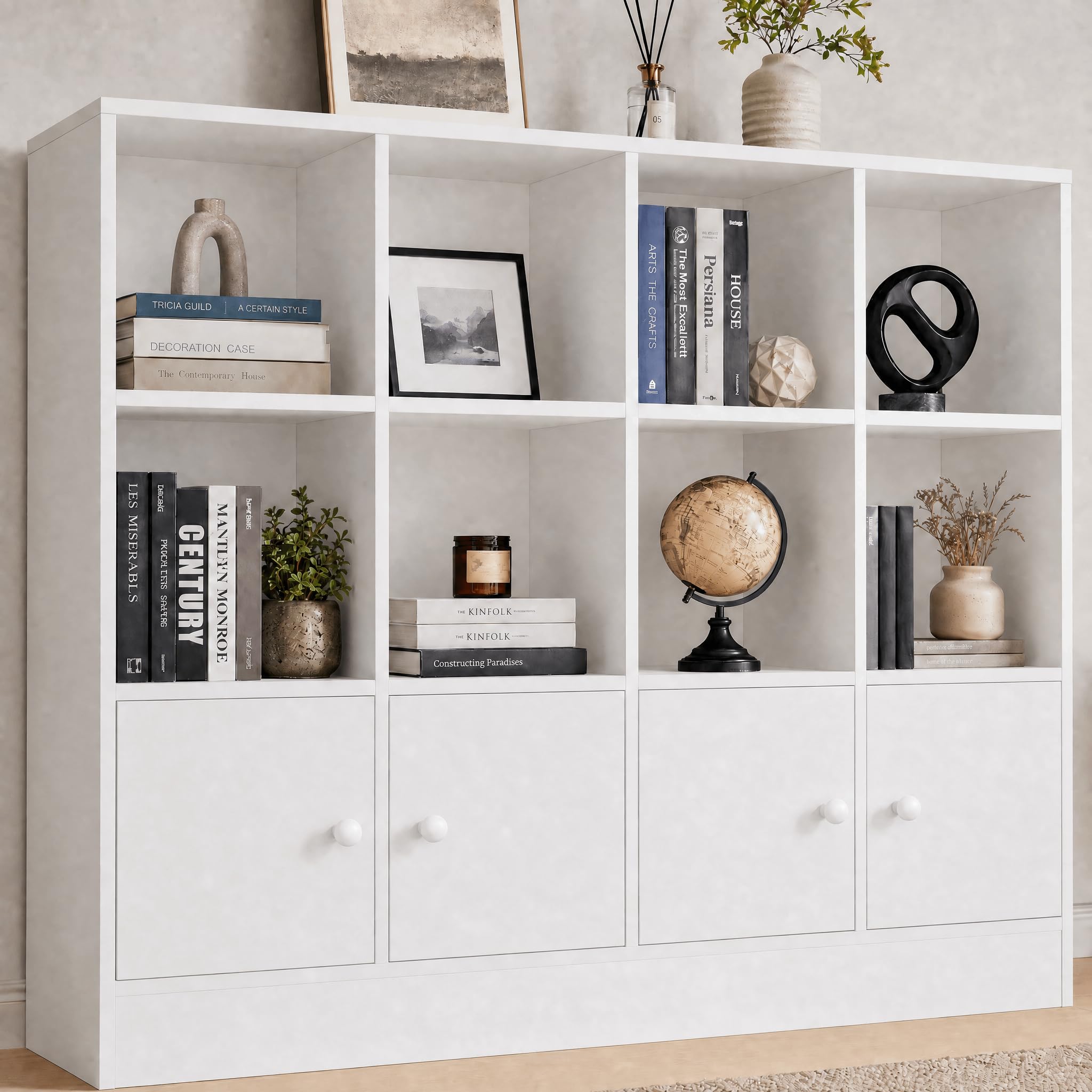 Cozy Castle White Wood Bookcase with 4 Doors
