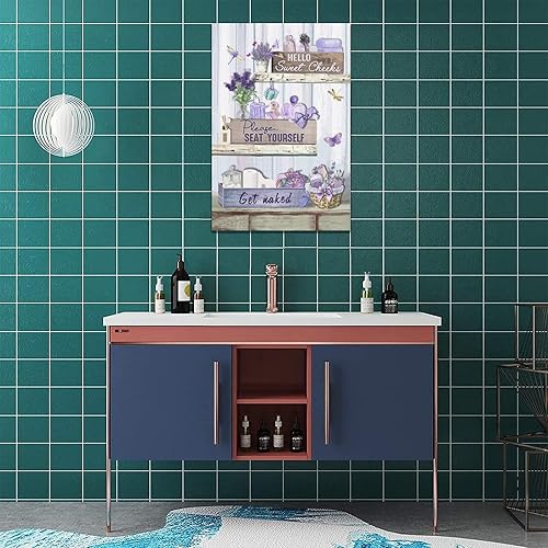 Miniatura 5 de Arte de pared de baño de color lavanda, cuadros de baño morados para pared, rústico, granja, libélula mariposa, lienzo de pintura de campo, baño,