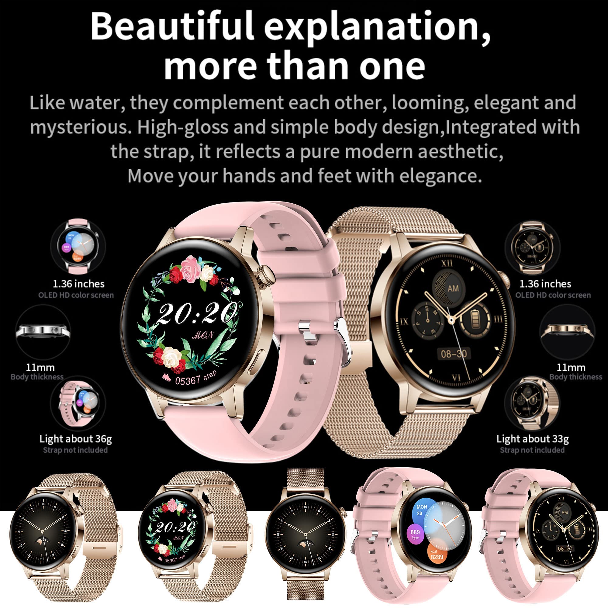 SGDDFIT Women's Smartwatch with Phone Function 1.36 Inch HD Watch SpO2 Heart Rate Monitor Sleep Monitor Menstrual Cycle Pedometer Music Player Android iOS Gifts for Women (Gold) - Image 2