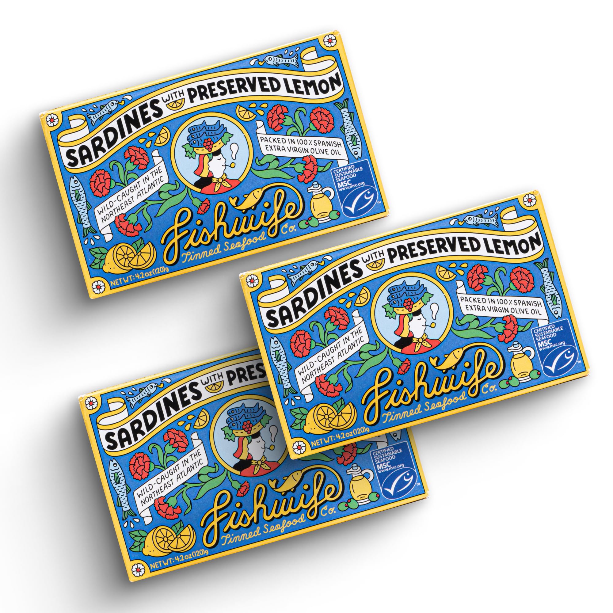 Fishwife Sardines with Preserved Lemon 3-Pack (4.20 Ounce) | Wild-Caught & Hand-Packed with Spanish Extra Virgin Olive Oil | MSC-Certified Sustainable Seafood, High Protein, Gluten Free, Paleo Friendly, Keto Friendly, Omega-3s