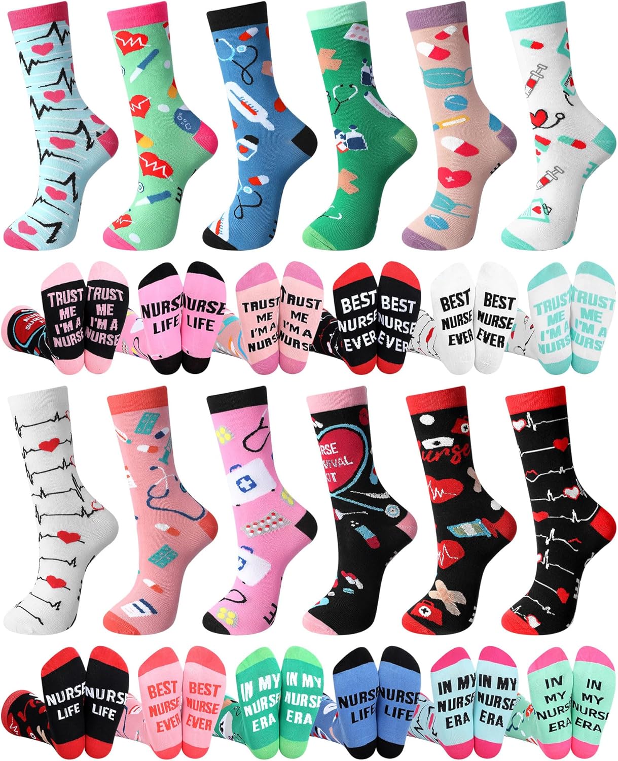 24 Pairs Nurse Socks Bulk for Women Funny Nurse Week Gift Novelty Cotton Crew Socks for CNA Week LPN RN Nursing Graduation Party Favors Gift Basket Stuffers