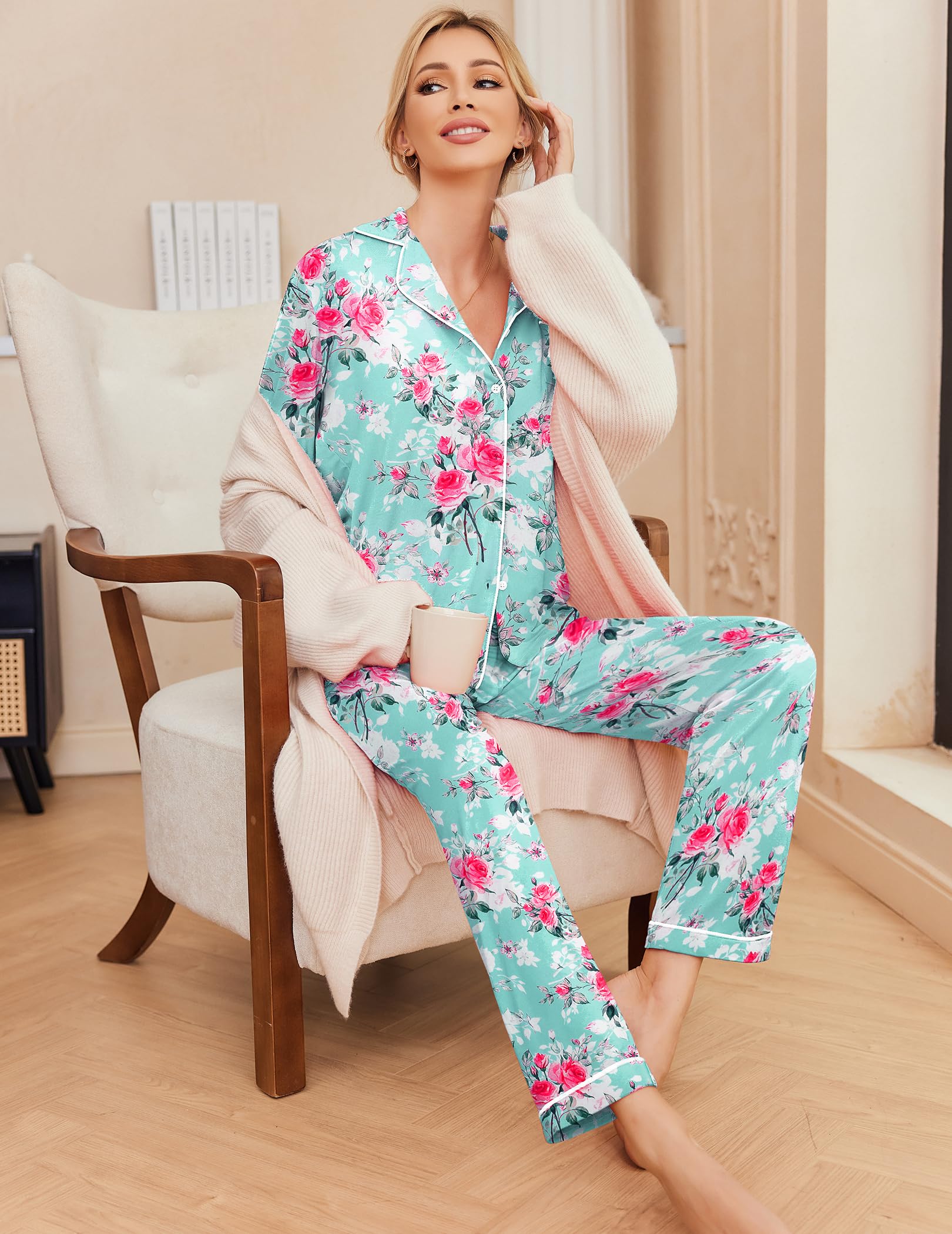 Ekouaer Pajamas Women's Long Sleeve Sleepwear Soft Button Down Loungewear Pjs Lounge Set Nightwear XS-XXL: Small Floral Light Green