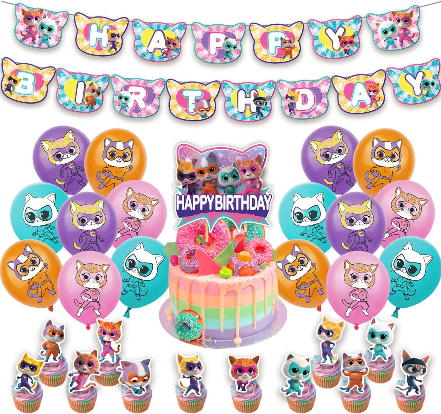 Birthday Party Supplies Super Kitties Includes The Super Kitties Inspired Happy Birthday Banner - Cake Topper - 24 Cupcake Toppers - 16 Balloons
