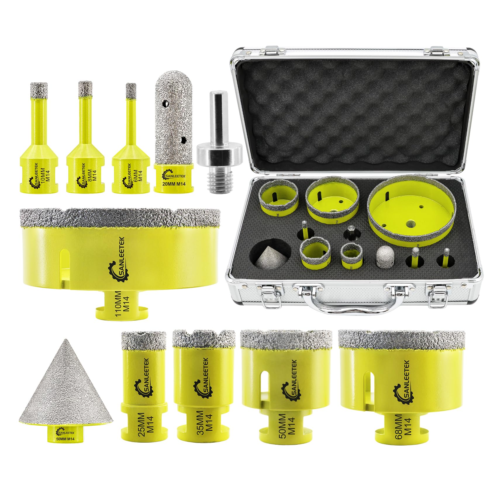 Foret Diamant Carrelage Kit - 11pcs (6/6/8/25/35/50/68/110mm+20mm Fraise Diamant+50mm Mèches Chanfrein+Adaptateur) Scie Cloche pour Carrelage Céramique Porcelaine Marbre Granit M14 Filetage