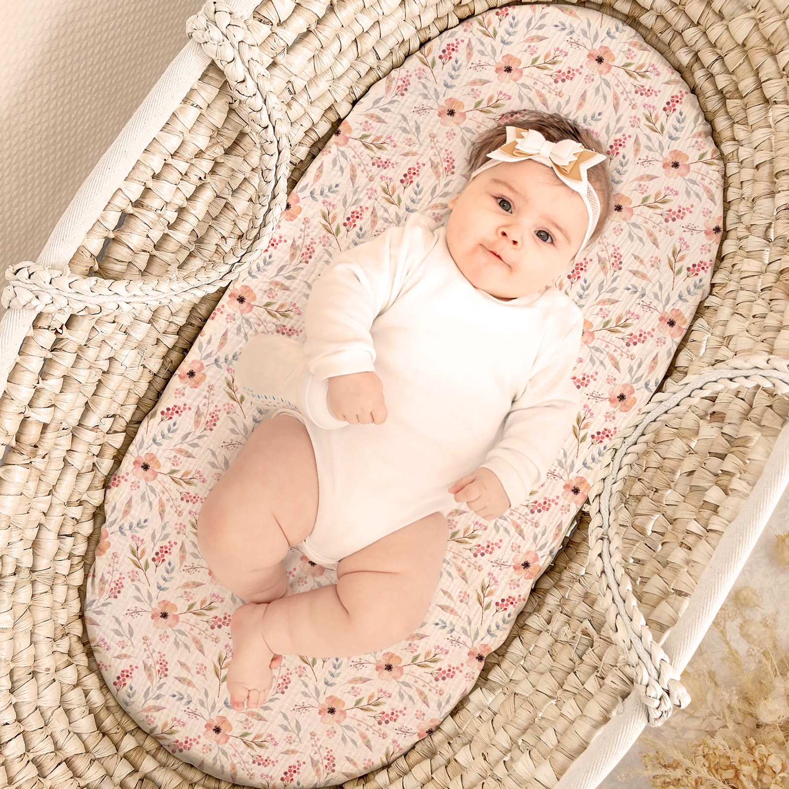 lulumoon Musselin-Bettlaken für Babys: Baumwoll-Bettlaken für Jungen und Mädchen, Stubenwagen-Matratzen-Bettlaken für ovales Rechteck oder Sanduhr (Skinpink & Pinkflower)