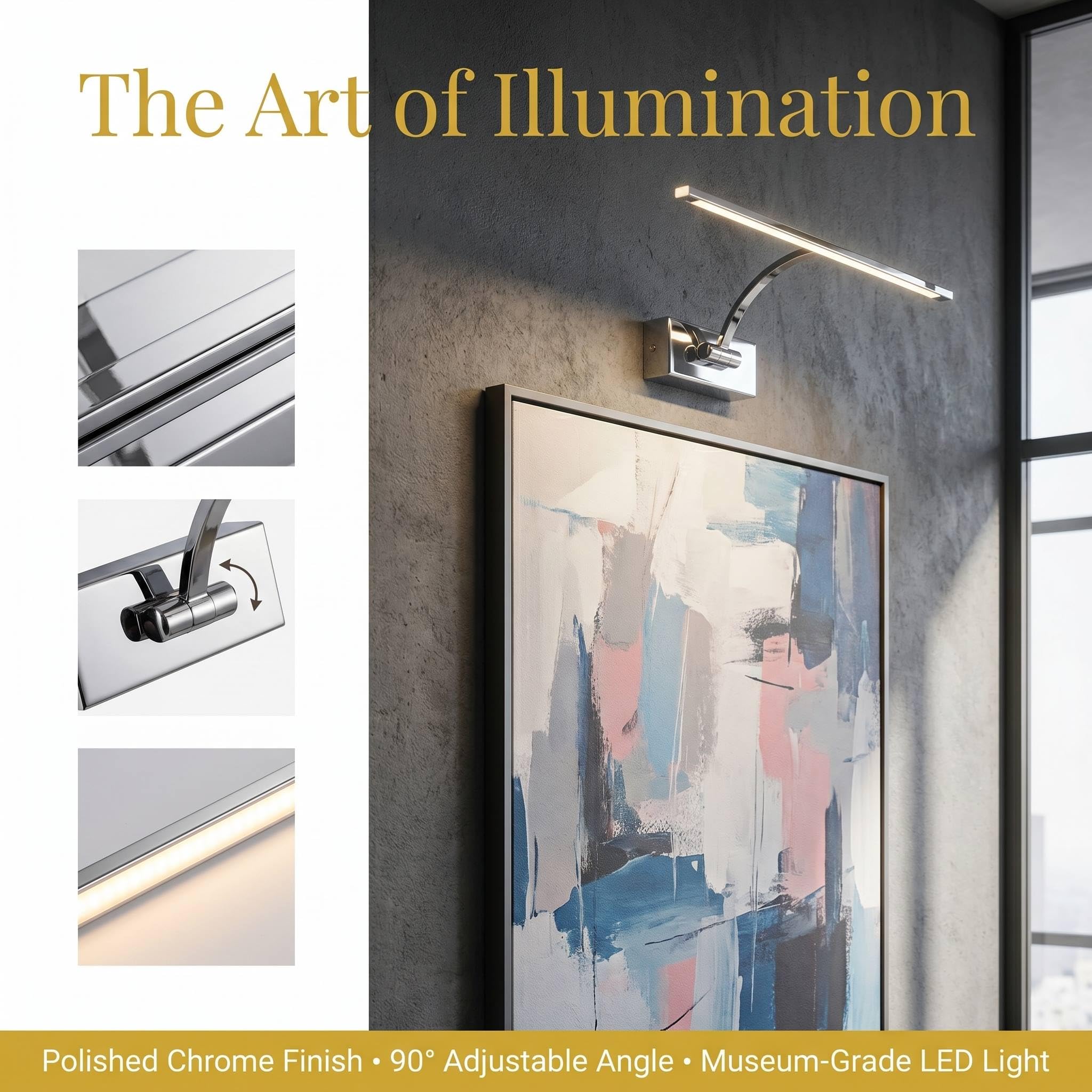 BARCELONA LED Aplique LED para Cuadros 6W Ajustable Cromado | Lámpara de Pared Interior con Brazo Orientable | Luz Cálida 2700K | Iluminacuadros LED CRI>80 para Fotos, Arte, Espejos, Salón y Galerías
