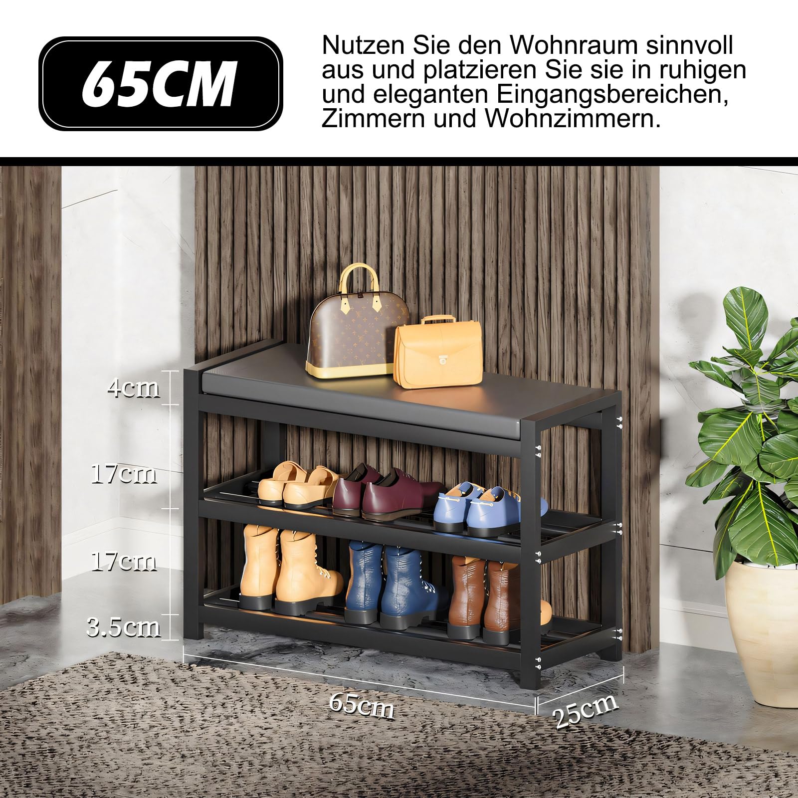 Schuhbank mit Sitzfläche, Metall Schuhregal mit 3 Ebenen, bis 150 kg belastbar, 65 x 25 x 41,5 cm, Schwarz Kohlenstoffstahl Sitzbank Schuhschrank Schuhständer für Eingang, Flur, Wohnzimmer