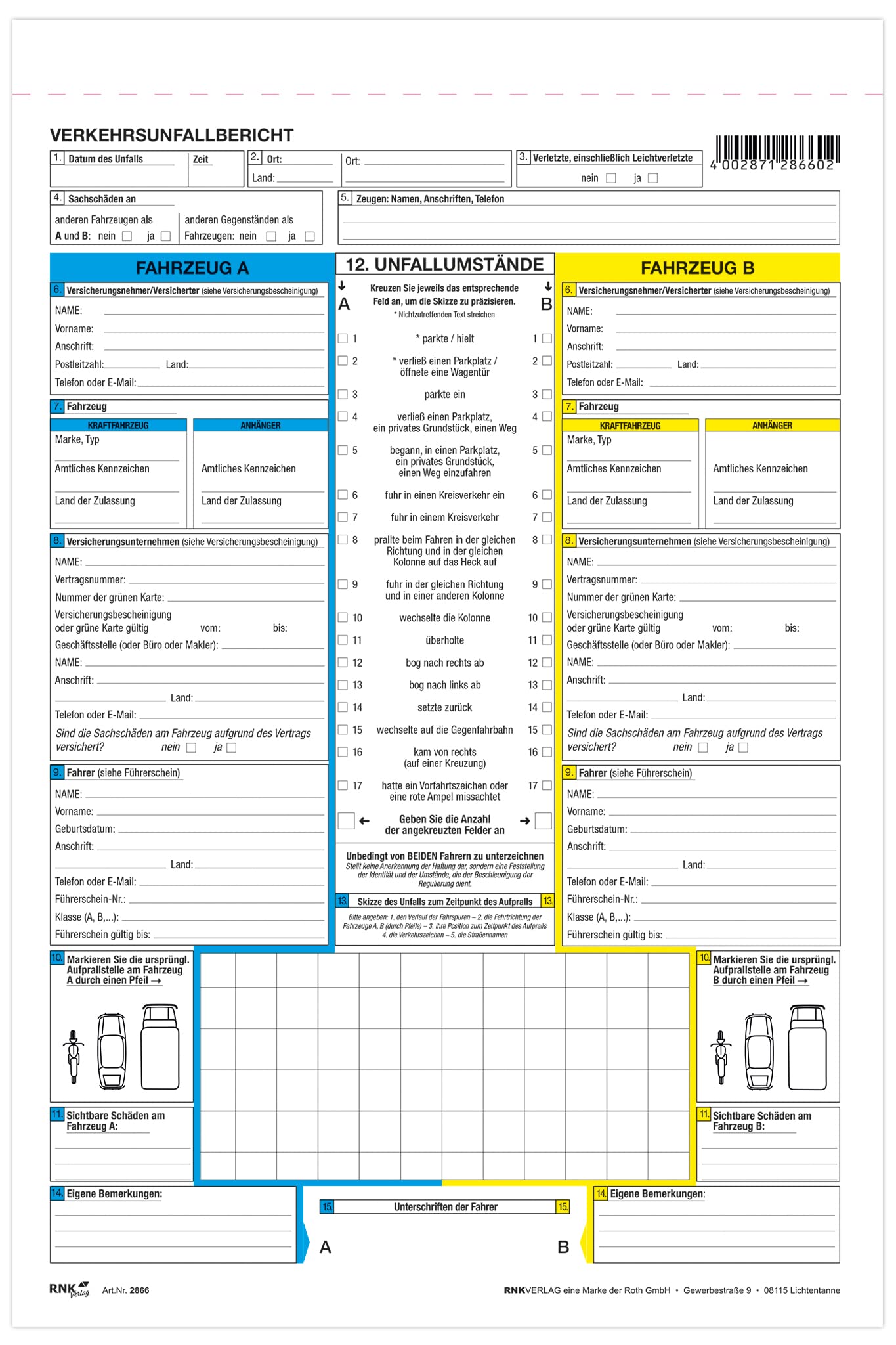 RNKVERLAG Europäischer Verkehrsunfallbericht - SD, 1 x 2 Blatt, DIN A4, 1 Packung à 10 Stück