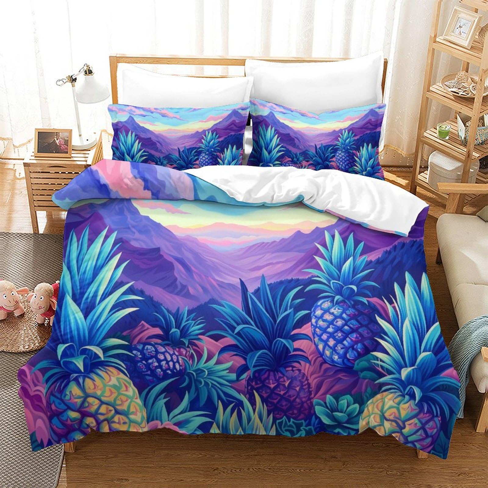 Housse de couette ananas 3D douce parure de lit 3 pièces 260x220 avec fermeture éclair pour filles