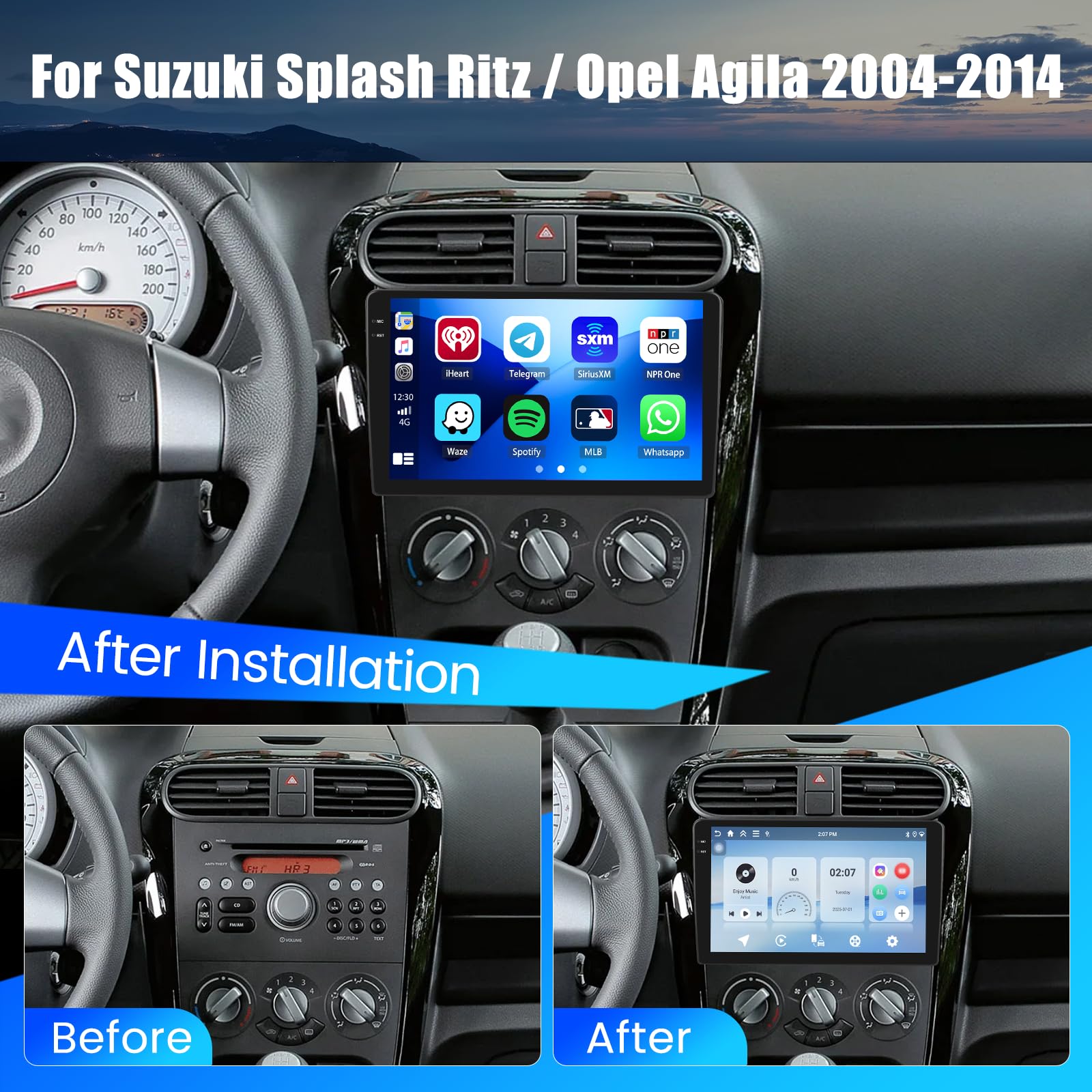 Hikity 4+128G Android 15 Radio samochodowe do Suzuki Splash Ritz, Opel Agila, ekran dotykowy 9" radia samochodowego z bezprzewodowym odtwarzaczem CarPlay, Android, Auto Bluetooth, Navi GPS, WiFi, EQ