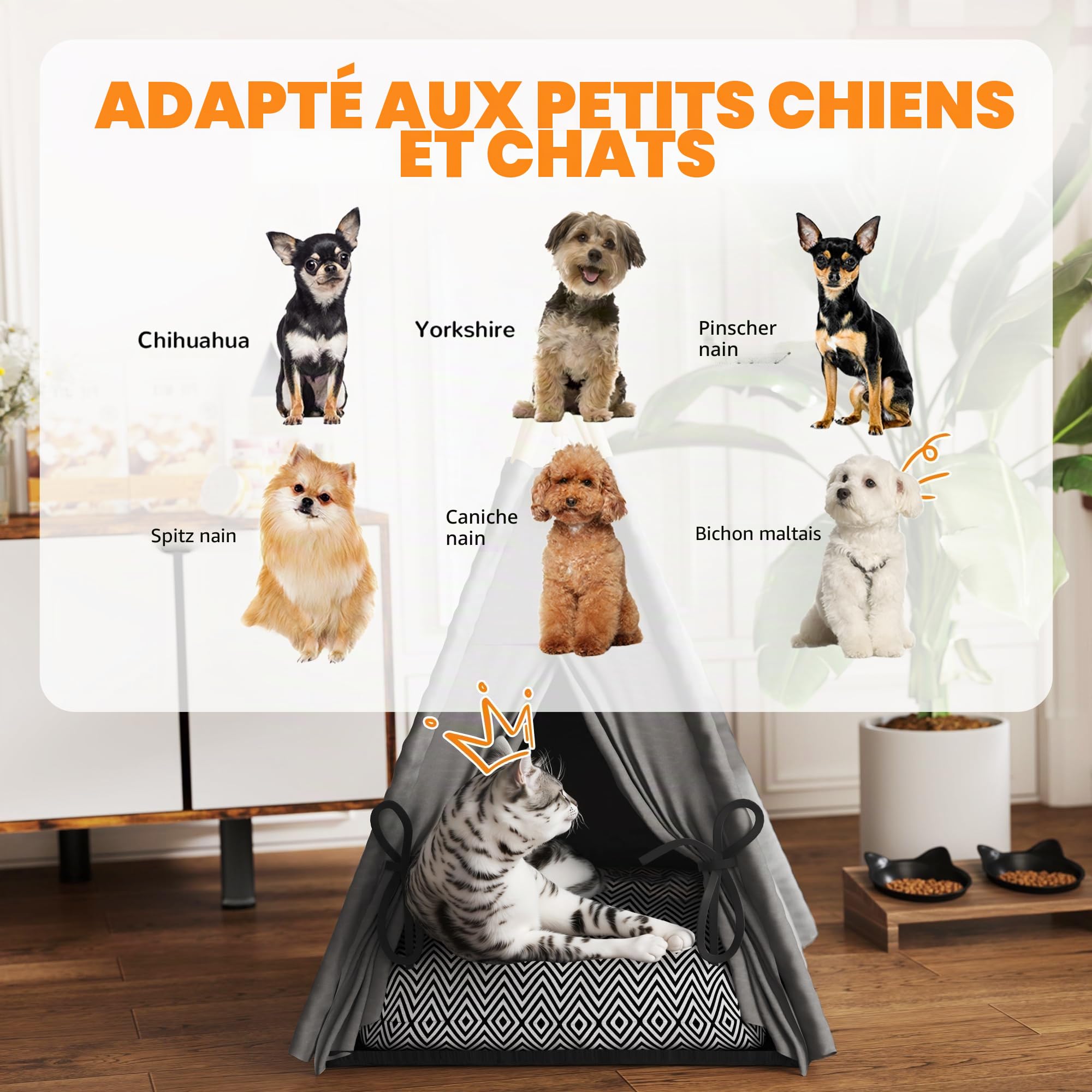 PawHut Tipi Tente pour Chats jusqu'à 5kg 60x60x76cm Gris | Tente chat avec coussin amovible lavable, fond antidérapant, balle, pour mini chiens