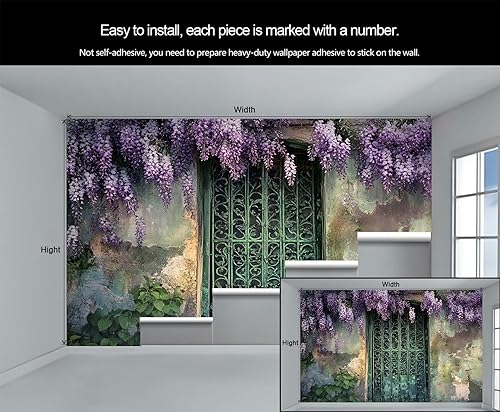 Miniatura 6 de KIREUPA Mural de pared vintage con puerta de hierro de glicina, mural de pared 3D de jardín floral rústico, mural de papel tapiz de puerta antigua