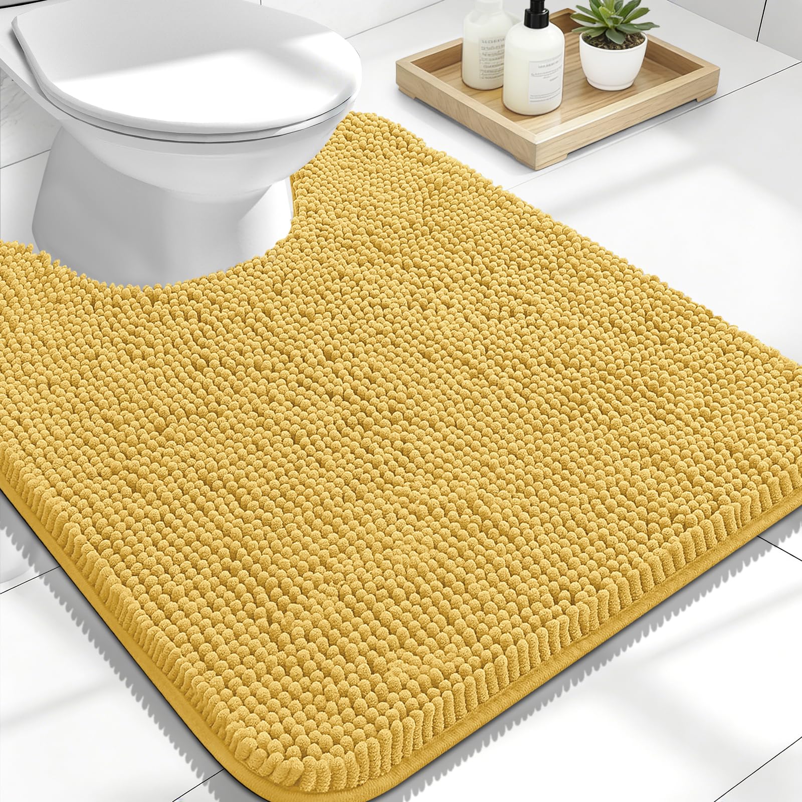 OLANLY Toilet Rugs U-Shaped 24x20, Extra Soft Absorbent Chenille Contour Bathroom Rugs for Toilet, Dry Quickly, Machine Washable, Non-Slip Bath Mat, Yellow