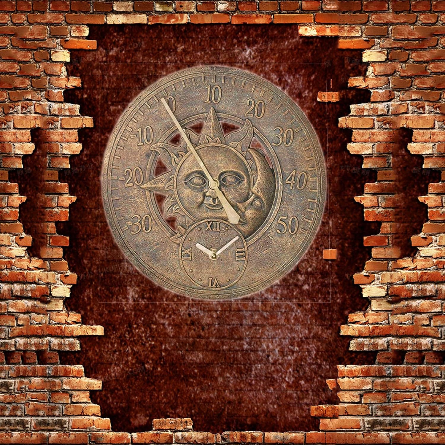 Reloj de pared para exteriores con diseño de sol y luna, diseño de resina impermeable para decoración de jardín y patio