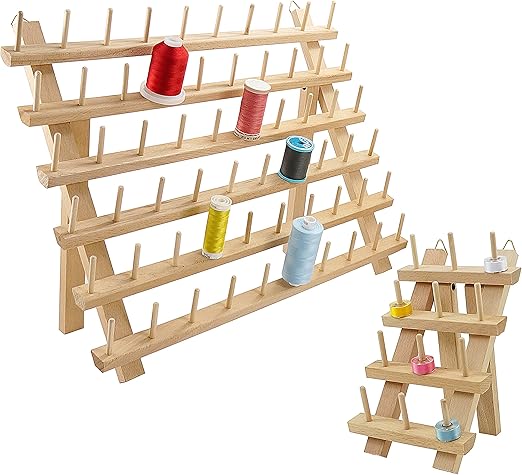 New brothread 60 Spools + 12 Spools Wooden Thread Rack/Thread Holder Organizer with Hanging Hooks for Embroidery Quilting and Sewing Threads - Mother + Baby Thread Rack
