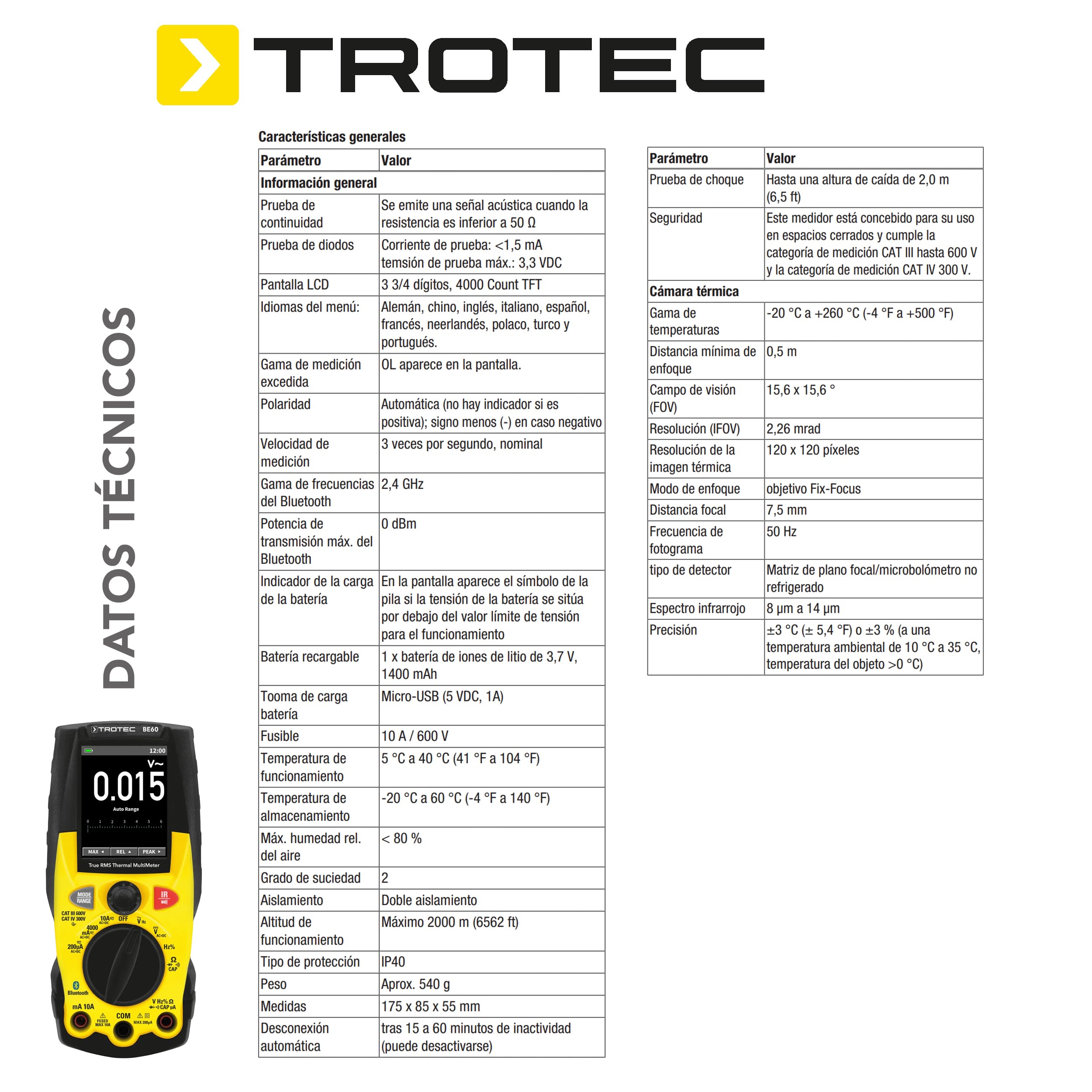 TROTEC Multímetro digital True RMS con cámara termográfica integrada BE60 | once funciones de medición aplicación para smartphone Bluetooth