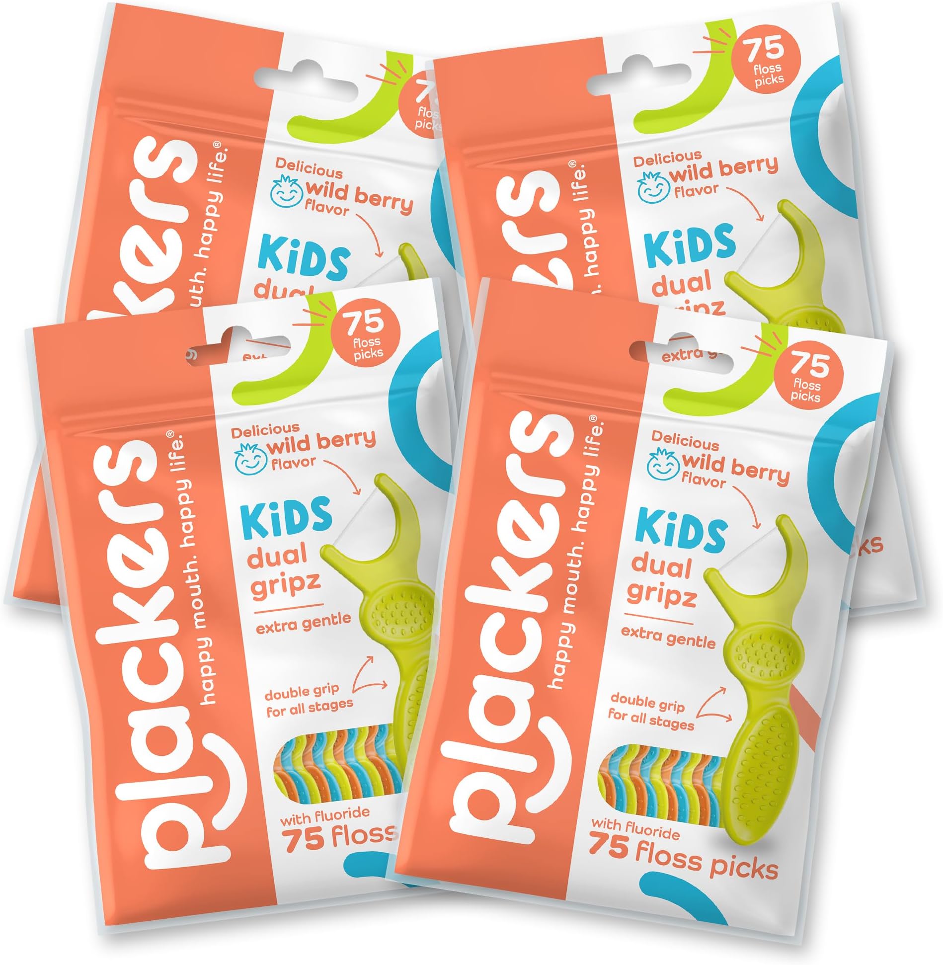 Kids Dual Gripz Floss Picks with Double Grip Handle, Wild Berry Flavor, Colorful Floss Picks for Kids of All Ages, 75 Count (Pack of 4)