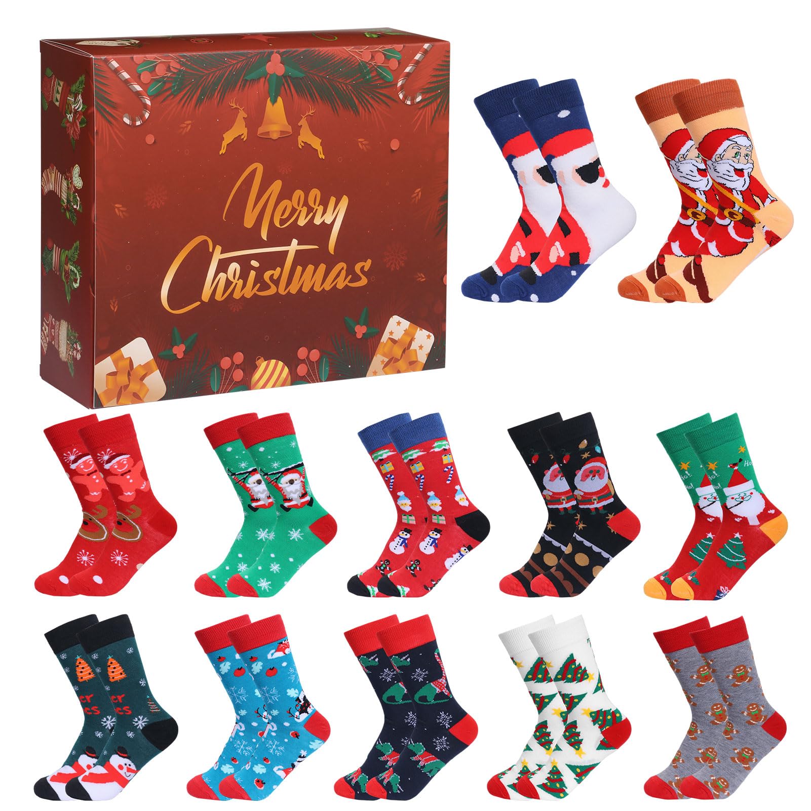 2025 Noël 24 pcs Socks Advent Calendar Cadeaux de Noël pour hommes femmes avec motif d'arbre de bonhomme de neige de Noël pour cadeaux de Noël Calendrier d'aventure