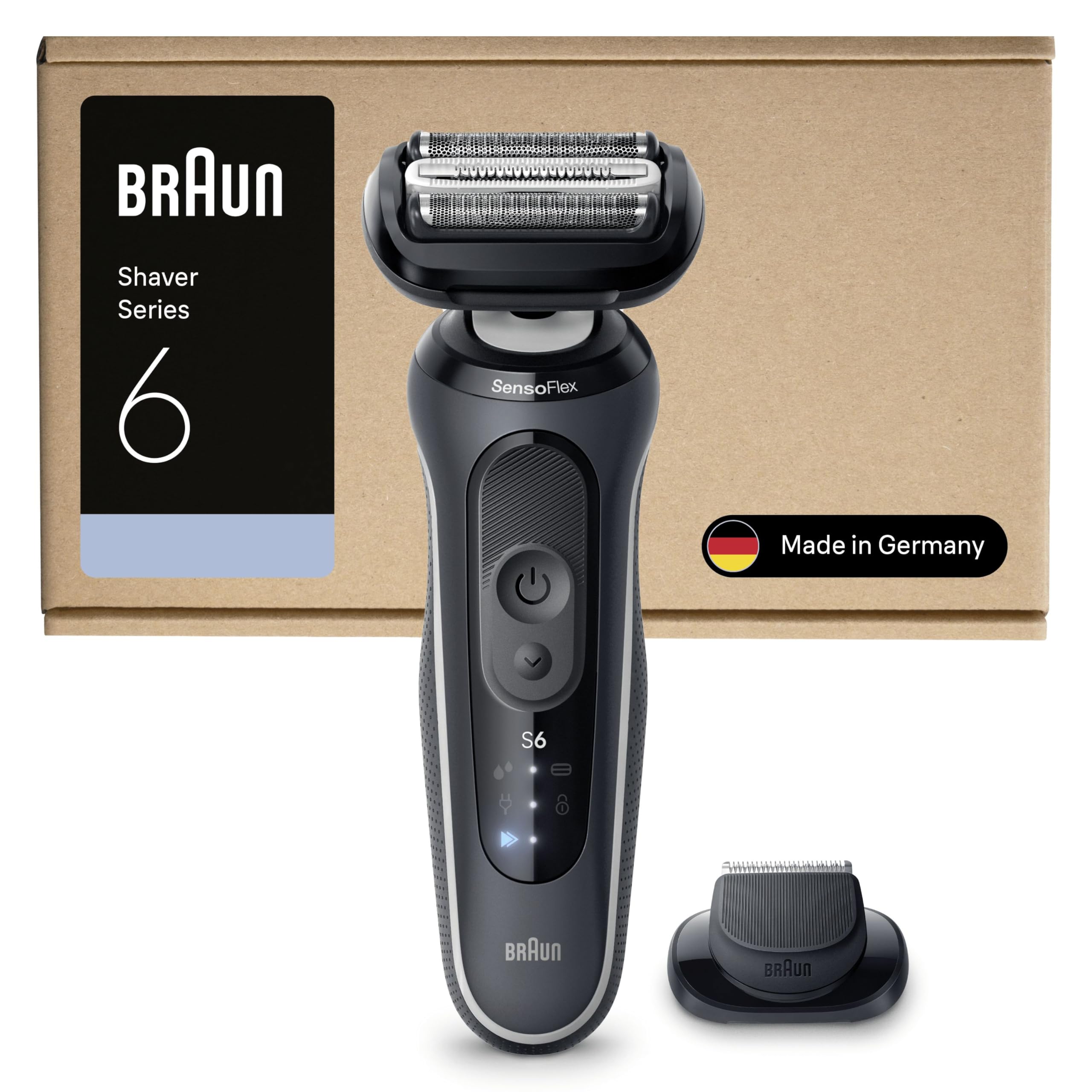 Braun Seria 6 golarka elektryczna, do 60 min, precyzyjne mocowanie trymera, bezprzewodowa, maszynka do golenia na mokro i na sucho, dla mężczyzn, 100% wodoodporna, 62-G1200SI, szara