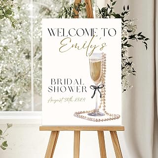Prosecco and Pearls Bridal Shower Welcome Sign Editable Champagne Glass Sign Personalized Black Bow Entrance Decor Brunch and Bubbly Bridal Shower Decoration Wedding Party Welcome Sign