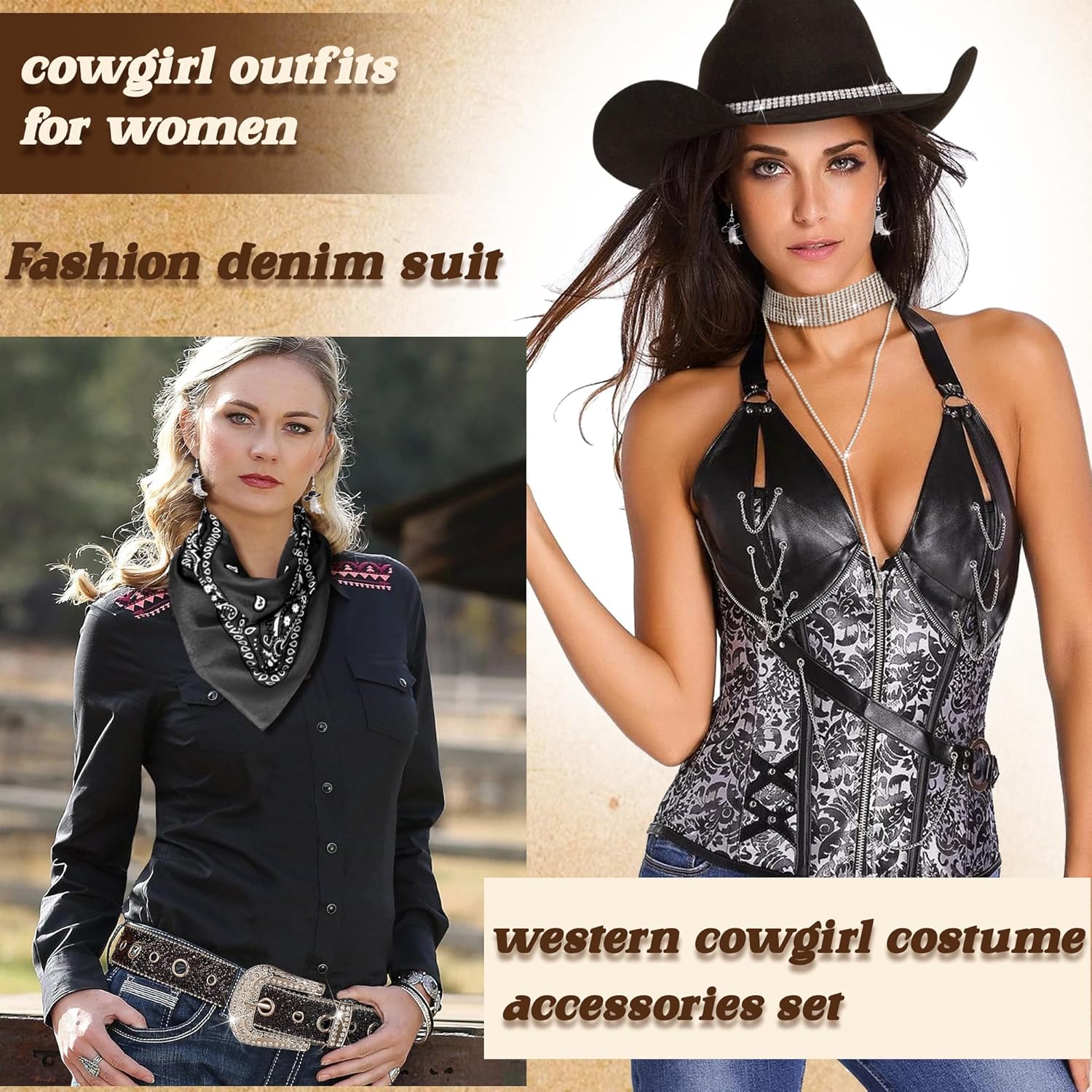 Cowboy Costume Outfit for Women Glitter Choker Necklace Cowboy Hat Buckle Belt Accessories Set for Halloween Cosplay Party - Image 6