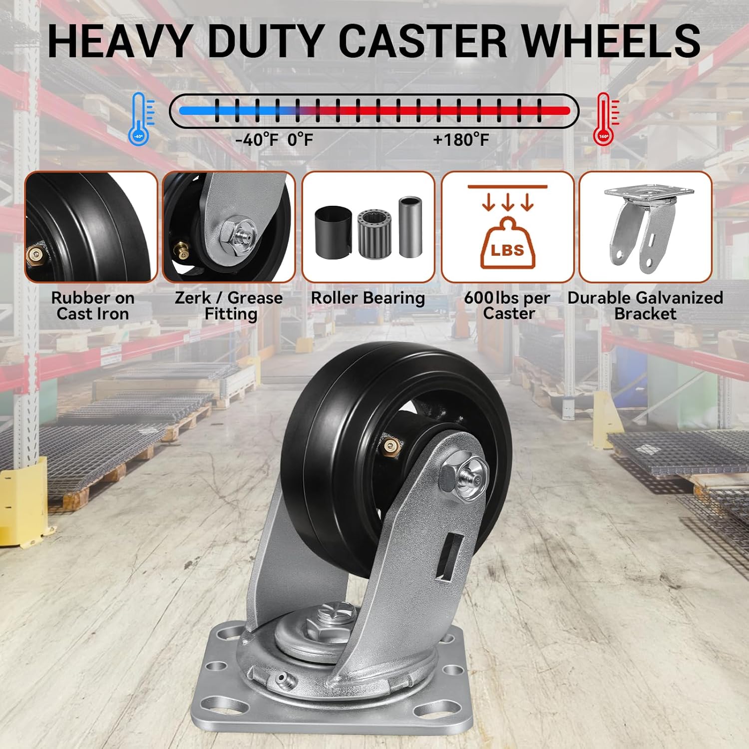 4'' × 2'' Casters, ASOMWLS Industrial Caster Wheels Heavy Duty Casters, Rubber on Cast Iron Wheels for Cart, Trash Containers, Each Swivel Caster Load 600lbs (2 Swivel)