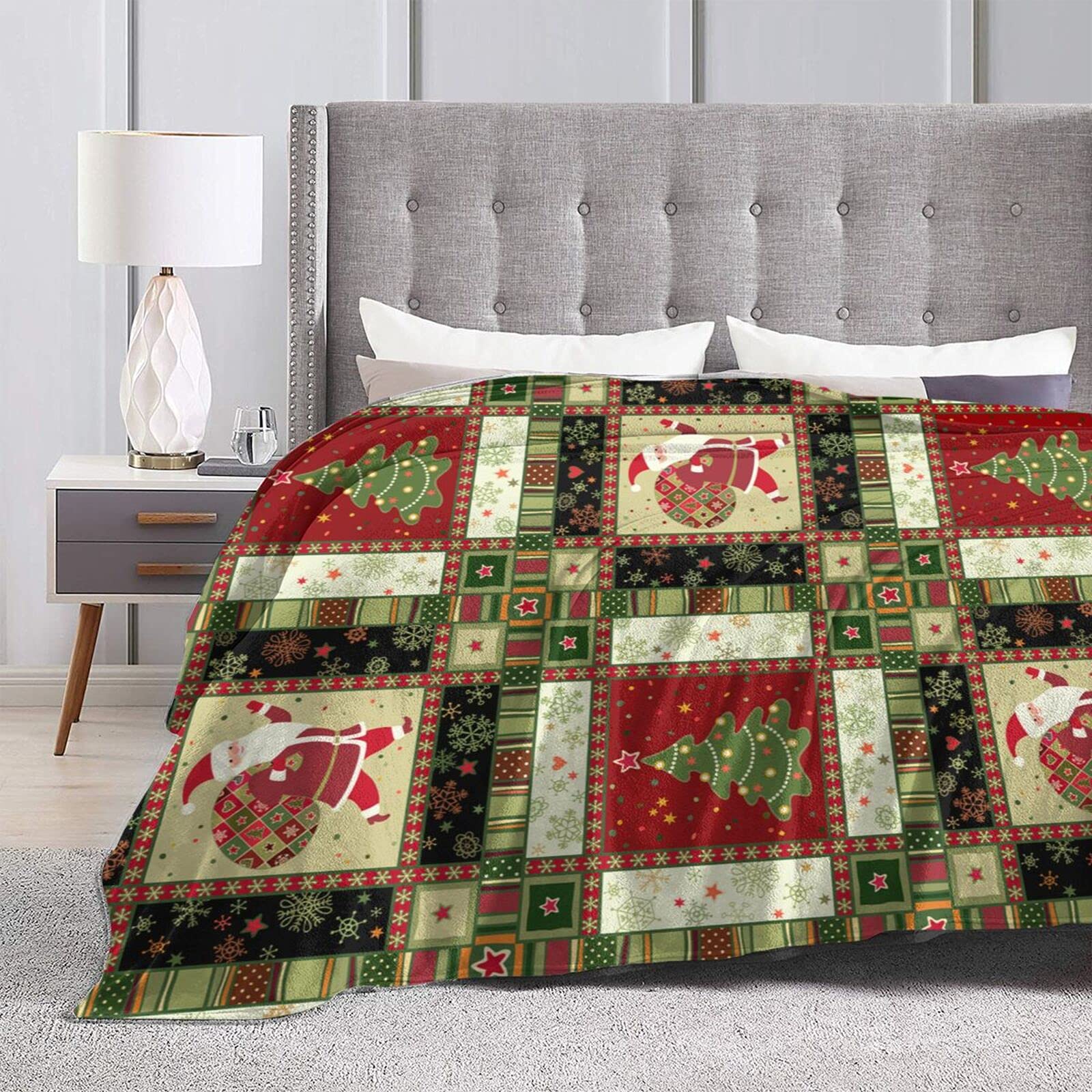 Weihnachtsdecke Mit Schneemann & Weihnachtsbaum – Flauschige Überwurfdecke (127x152 Cm, Rot-grün, Büffelkaro)