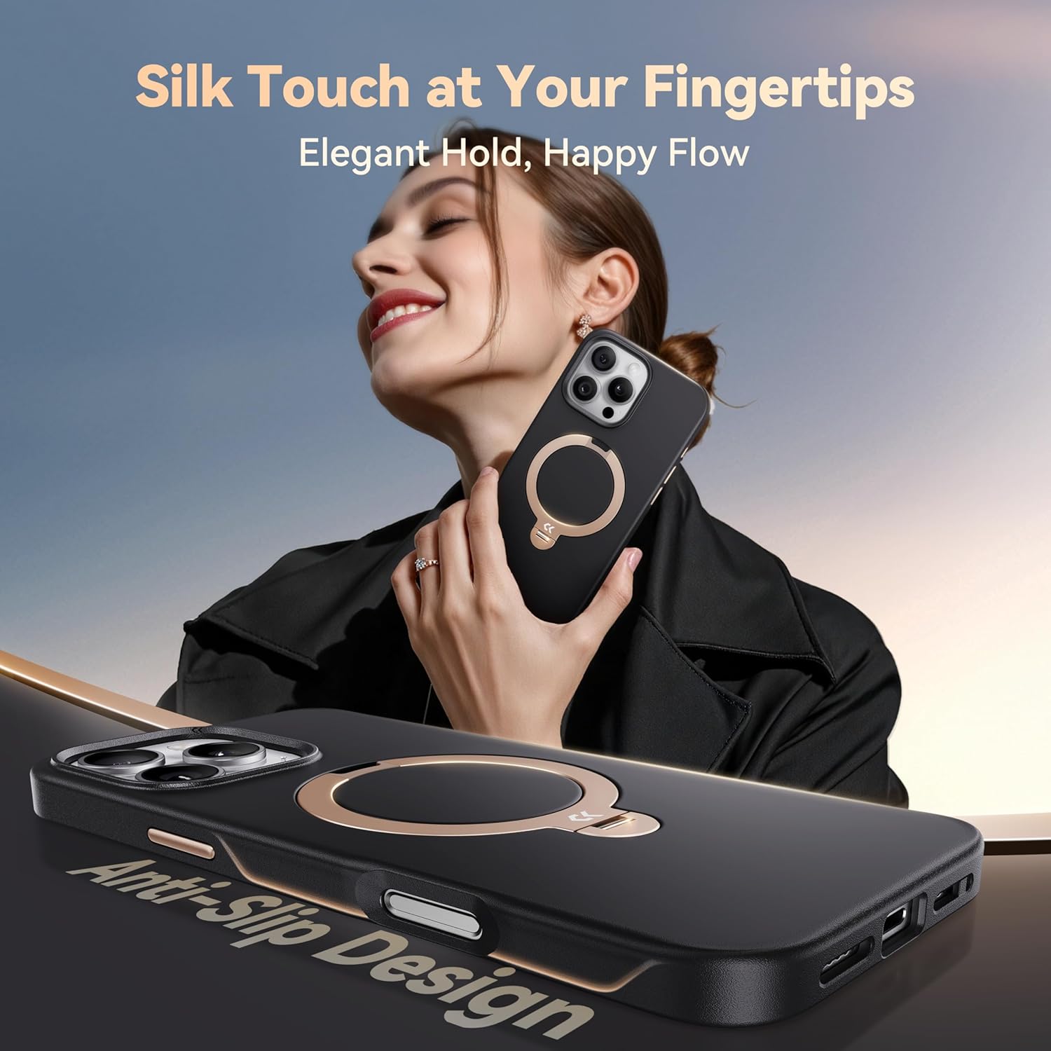 CASEKOO Midnight Black Designed for iPhone 16 Pro Case with Spin Magnetic Stand [16FT Military Protection] [Non-Slip Edge] [Fit for MagSafe] Shockproof for iPhone 16 Pro Case with Stand 6.3'' - Image 2