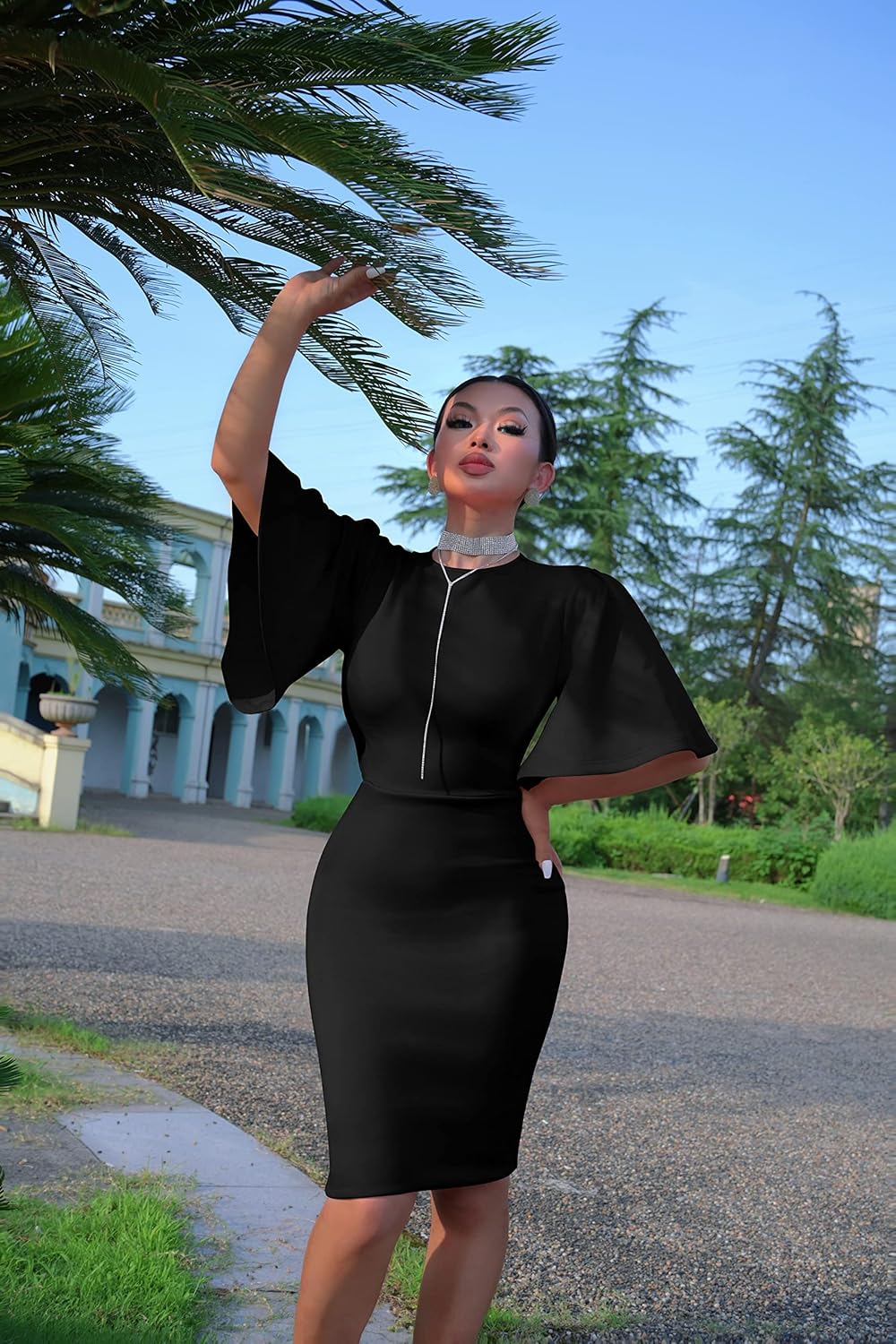 Memoriesea Women's Basic Bodycon Ruffle Flared Short Sleeve Pencil Midi Dress - Image 3