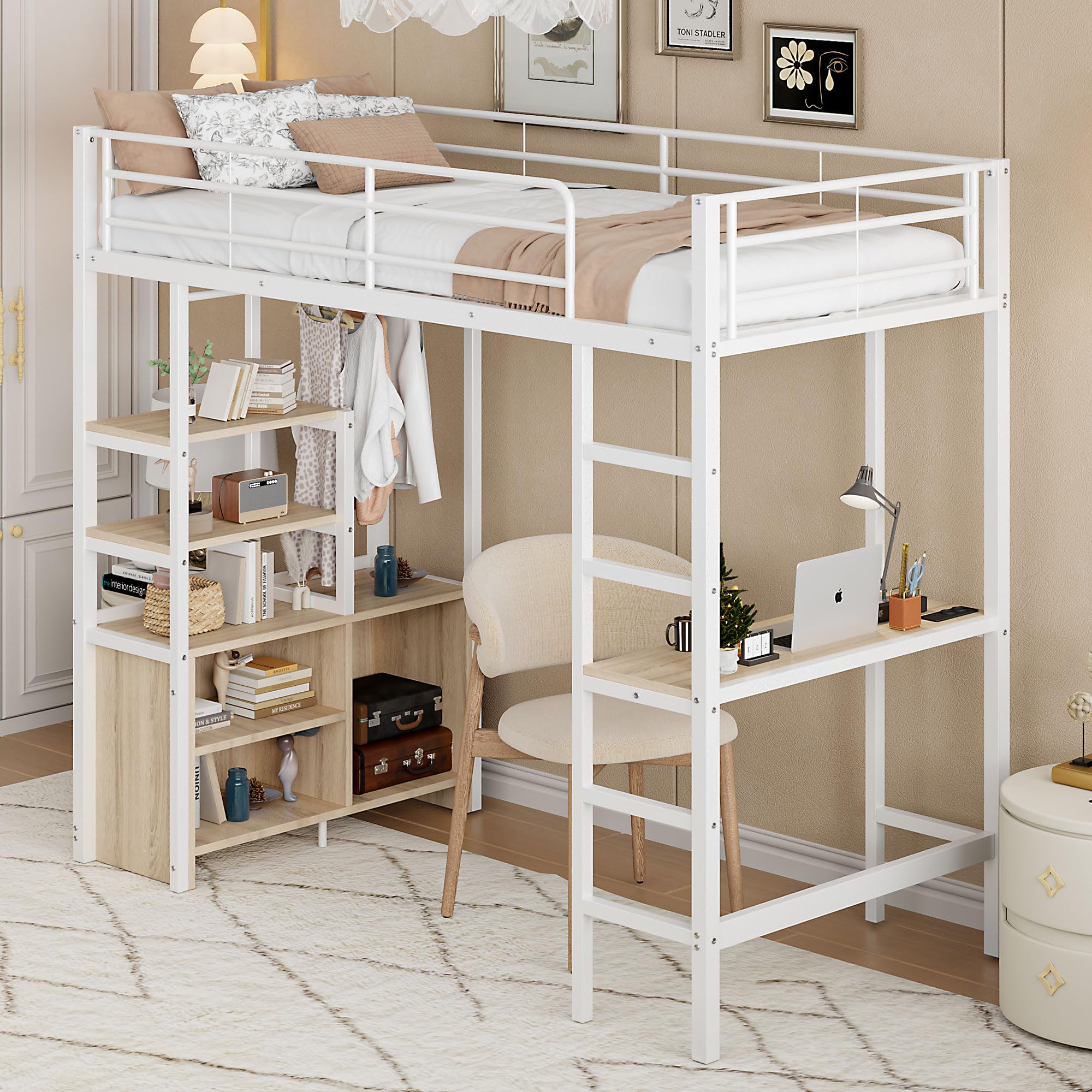Azkoeesy Cama alta de metal con escritorio, 90 x 200 cm, multifunción, cama individual, cama juvenil, con barra de ropa, estante de almacenamiento, enchufe, color blanco