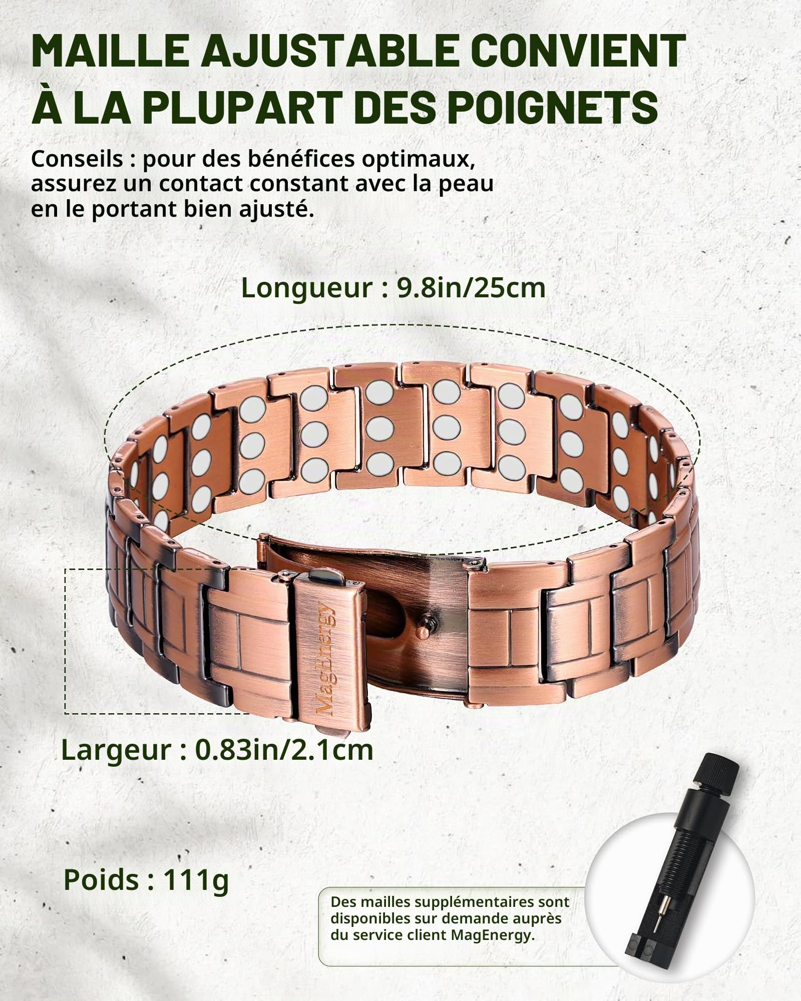 MagEnergy Bracelet en Cuivre à 99,99% pour Homme, Bracelet Magnétique avec Aimants Haute Puissance, Bracelet Réglable avec Outil de Retrait et Écrin Cadeau