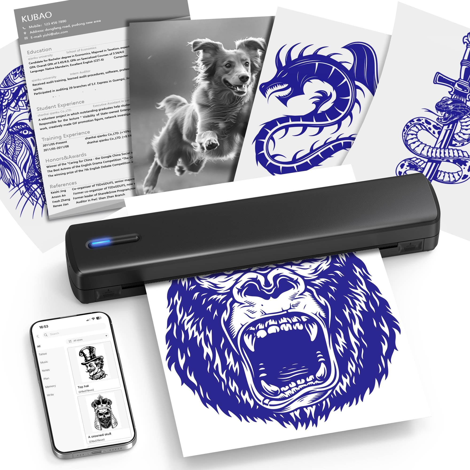 D810 Portable Thermal Printer, connessione wireless, facile da operare, supporta telefoni mobili e computer, adatto per casa, scuola, ufficio e scenari di tatuaggio, con 20 fogli di carta termica