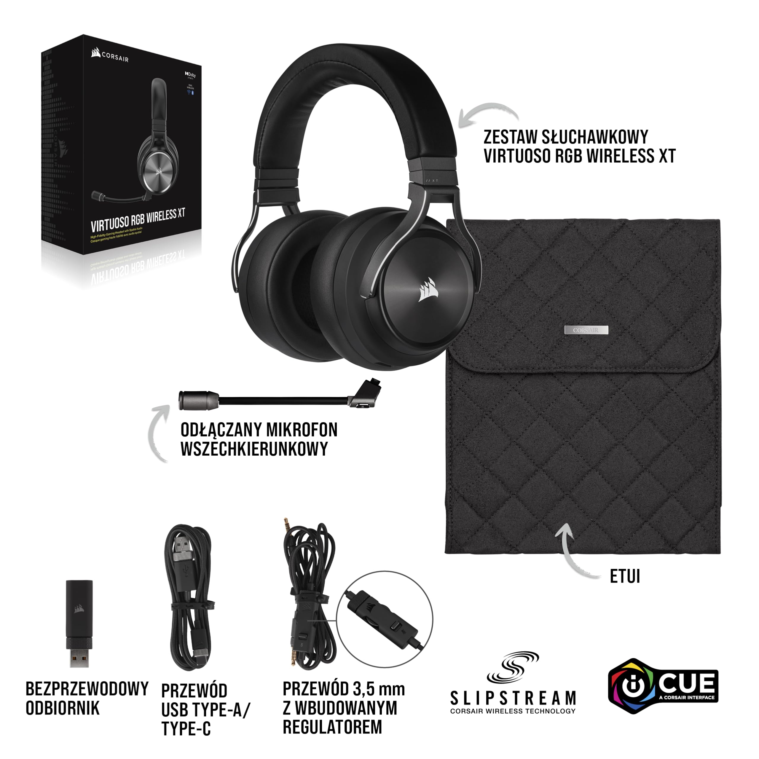 CORSAIR VIRTUOSO RGB WIRELESS XT Wieloplatformowy zestaw Bluetooth słuchawkowy, Dolby Atmos, mikrofon wysokiej jakości, kompatybilny z iCUE - PC, Mac, PS5, PS4, Nintendo Switch, mobilny - Czarny