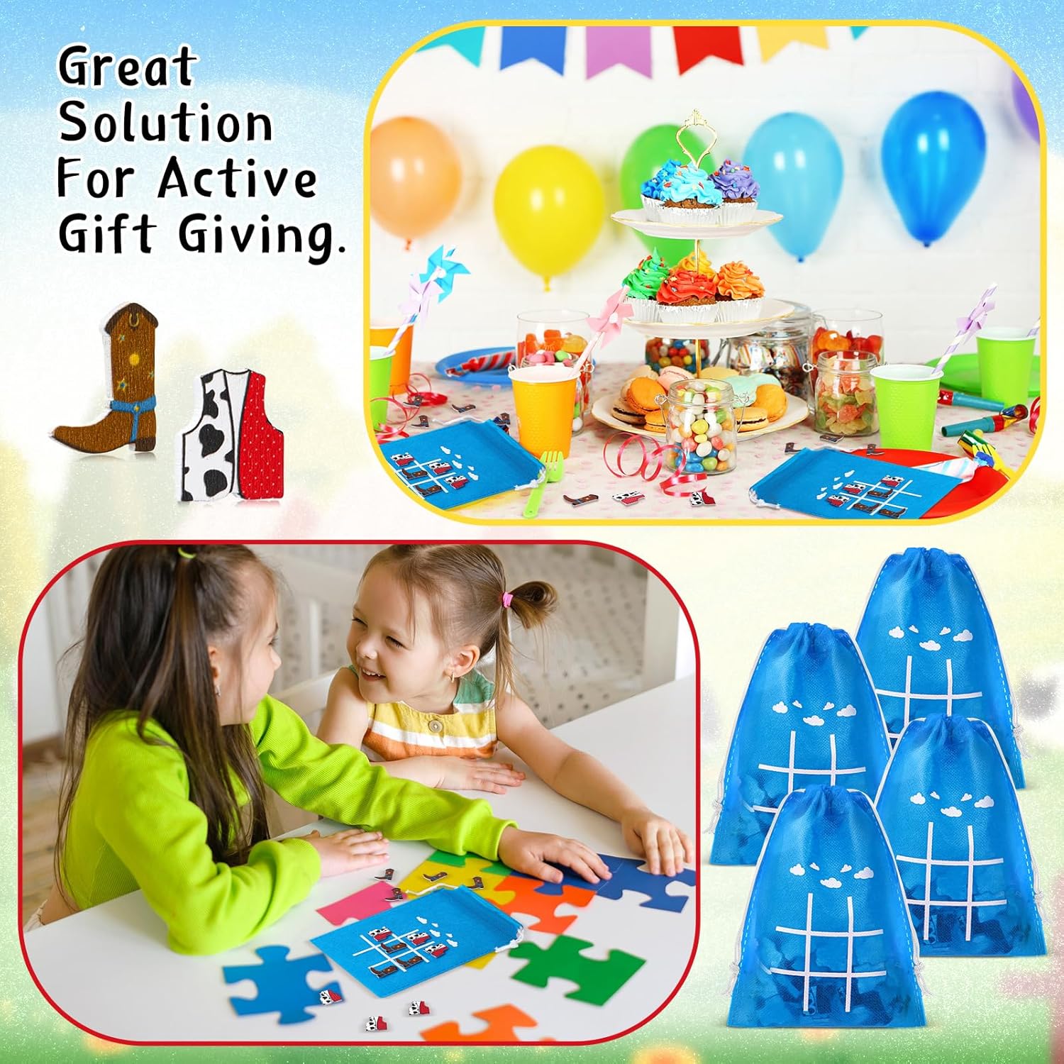 Sotiff 24 Sets Western Cowboy Tic Tac Toe Games with Blue Sky White Theme Drawstring Bags Cowboy Party Favors for Boys Girls Classroom Games Birthday Christmas Party Supplies