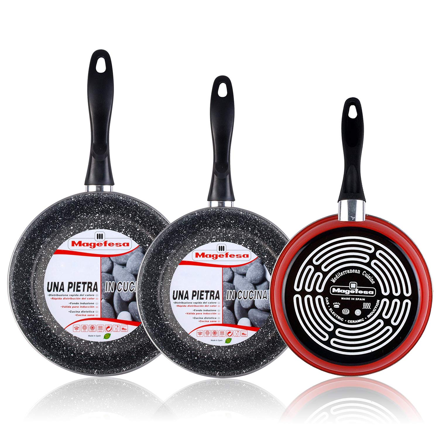 MAGEFESA K2 Rojo - Set Juego 3 Sartenes 20-24-28 cm, inducción, Antiadherente Piedra Libre de PFOA
