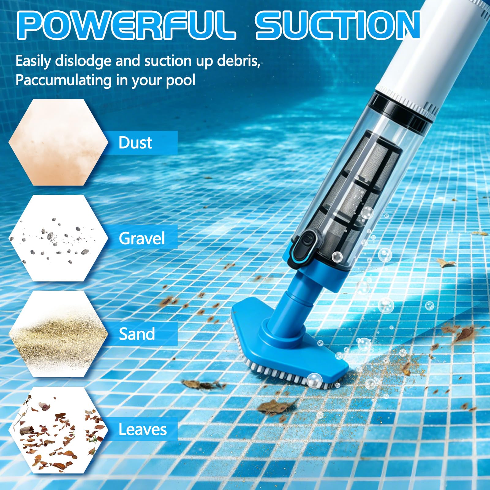 Aspirapolvere senza fili per piscina con batteria da 1600 mAh, con asta di prolunga, filtro e 3 teste, max. 165 cm, aspirapolvere per piscina, idromassaggio e piscina per bambini