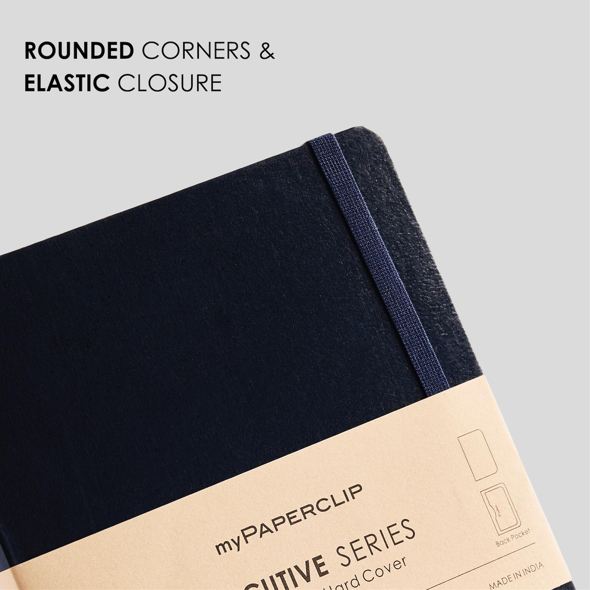 myPAPERCLIP Executive Series Notizbuch, A5, blanko, 192 Seiten, 80 g/m², fester Einband, A5 (12,7 x 21 cm), flach, Lesezeichen, Gummibandverschluss und Rücktasche, Blau