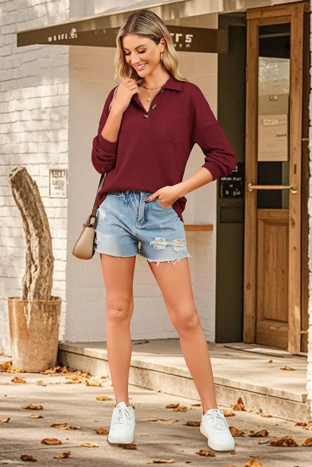 Halife Womens Waffle Knit Tops Button Down V Neck Long Sleeve Henley Shirts Loose Casual Fall Tunic Blouses with Pockets - Image 5