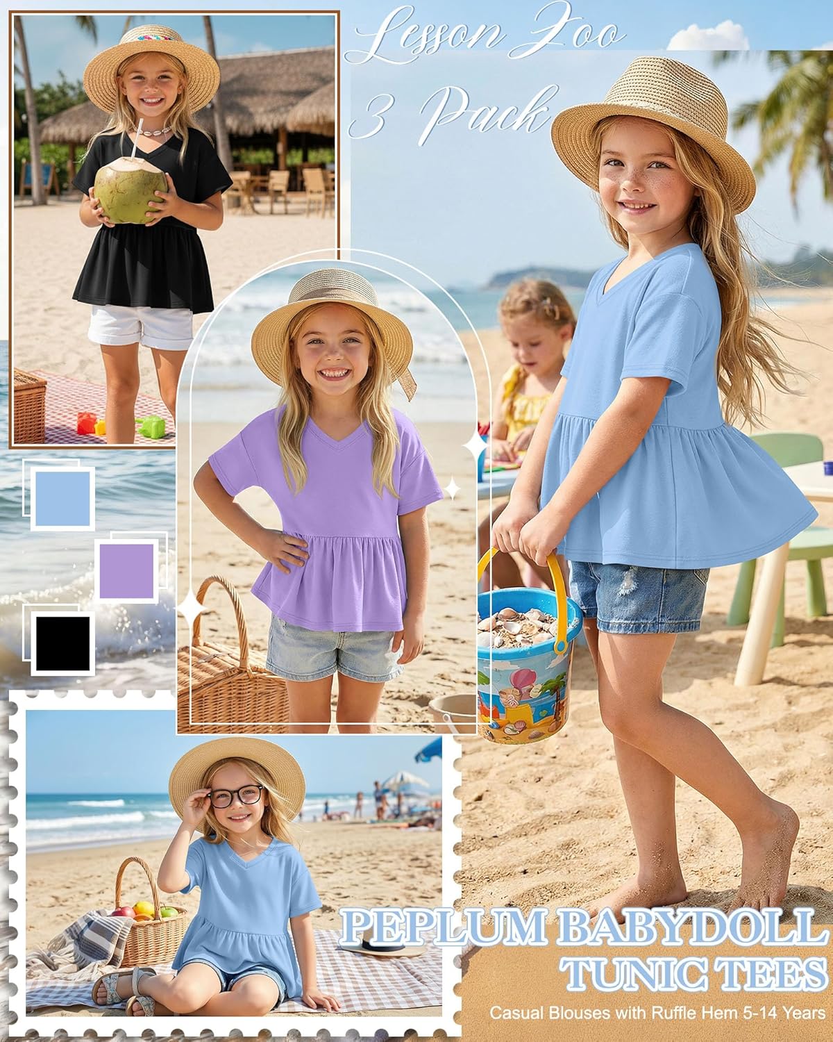 3 Pack Girl's Short Sleeve Shirts V Neck Peplum Babydoll Tunic Tees Casual Blouses with Ruffle Hem 5-14 Years