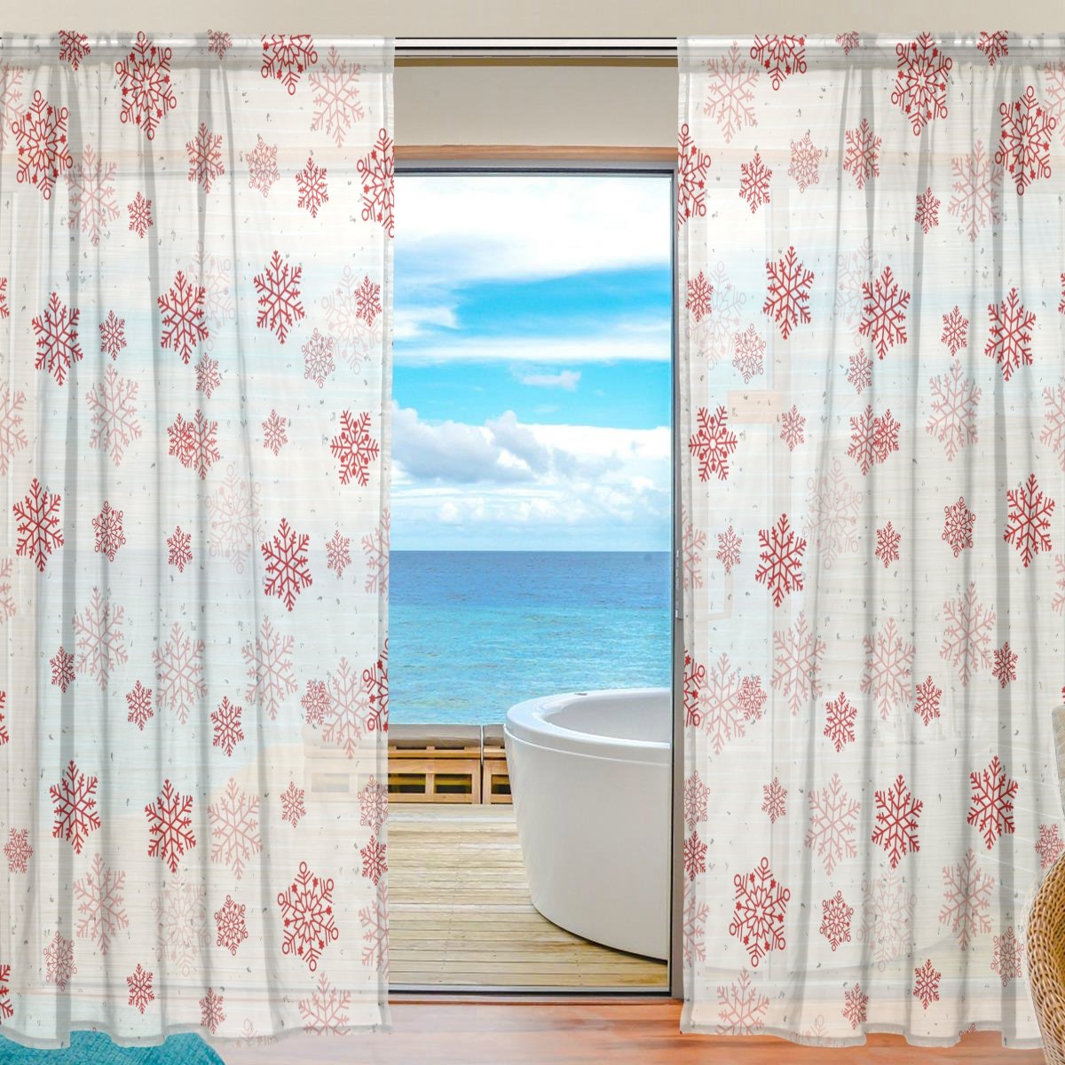 Amazon｜VAWA カーテンレース 断熱 おしゃれ 遮光 雪柄 雪花柄 冬