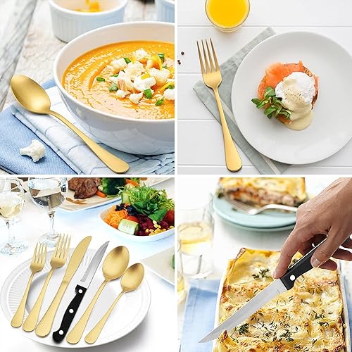 Miniatura 3 de LIANYU Juego de cubiertos de oro mate de 77 piezas con cuchillos para carne y utensilios de servir, moderno juego de cubiertos de acero inoxidable