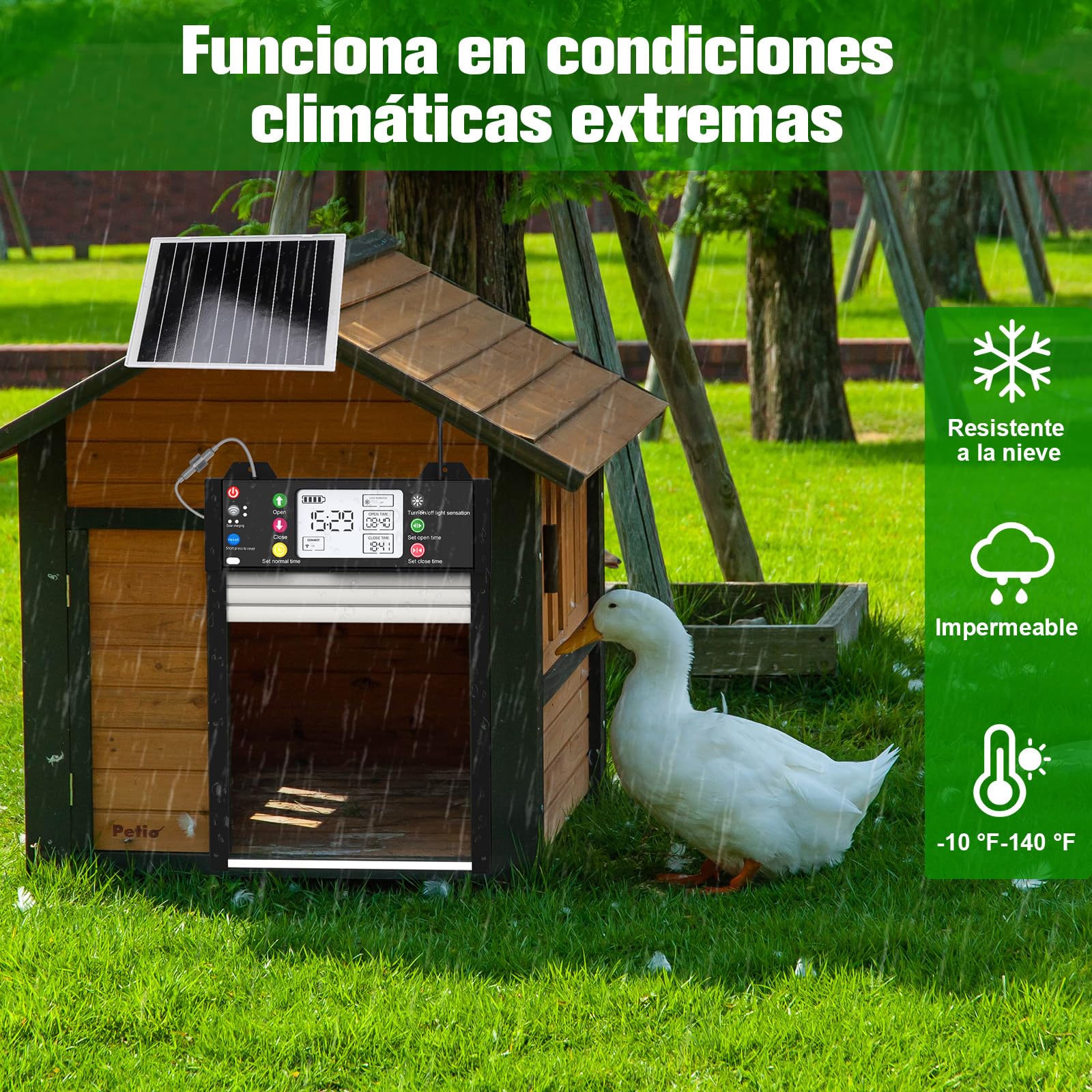 Puerta Automática para Gallinero Control de Aplicación, Pantalla LCD, Control mediante Aplicación, Control Remoto, Sensor de Luz, Temporizador y Manual, Carga Solar y USB, Antipinzamiento, Impermeable