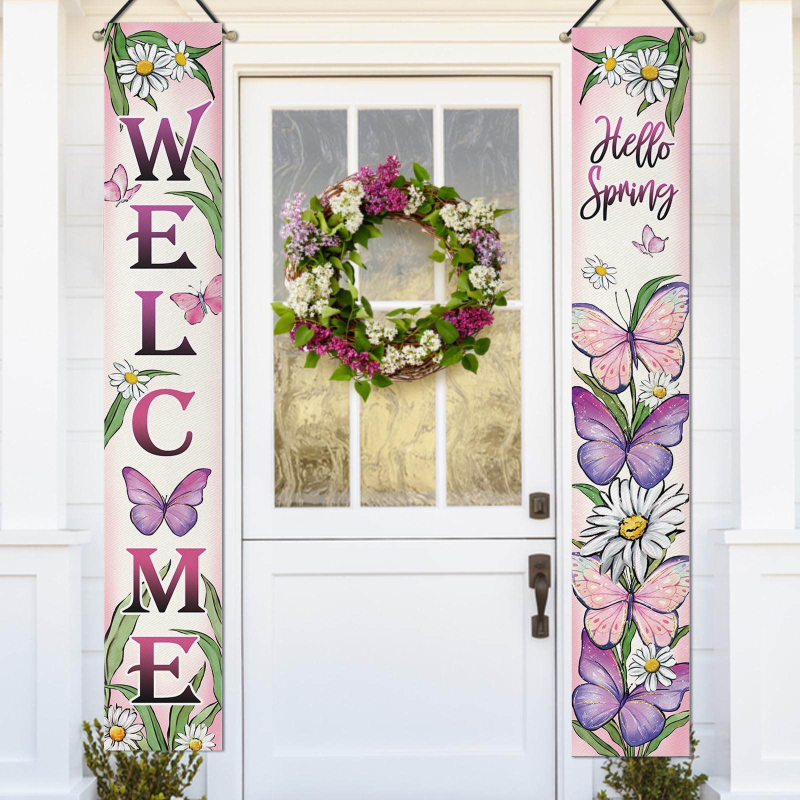 Welcome Spring Butterfly Porch Banner Sign, Hello Spring Daisy Flower Front Door Decorative Hanging Banner Flag, Floral Seasonal Pink Purple Decoration Home Outdoor Decor