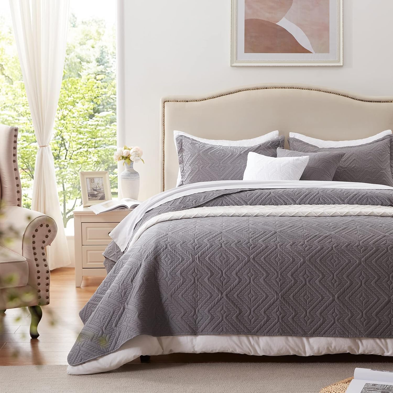 Set de colcha doble/Queen, 3 piezas, microfibra suave y ligera, colcha de verano y set de cubrecama para todo el año, 229 x 249 cm, gris,(1 colcha y 2 fundas de almohada)