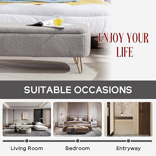 Miniatura 7 de NIOIIKIT Banco otomano de almacenamiento, cómodo banco de entrada tapizado de piel sintética con patas de metal, banco de dormitorio con parte