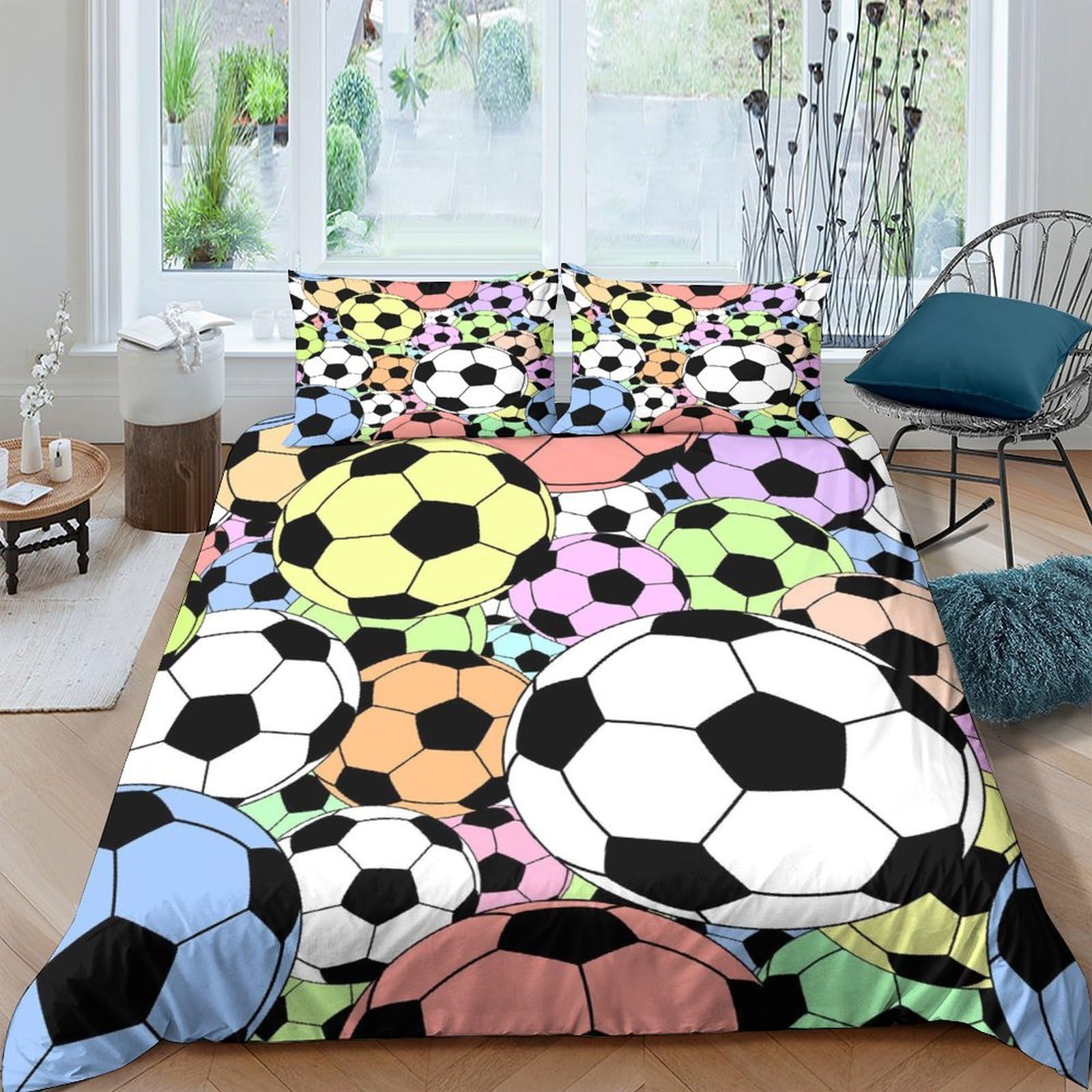 XFKLYNVCJ 3D Printed SoccerBallsColorful Quilt Cover Premium Polyester KidsPatternDesign Duvet Cover Stain Resistant No Iron Family Home Bedroom Use Single（135x200cm）