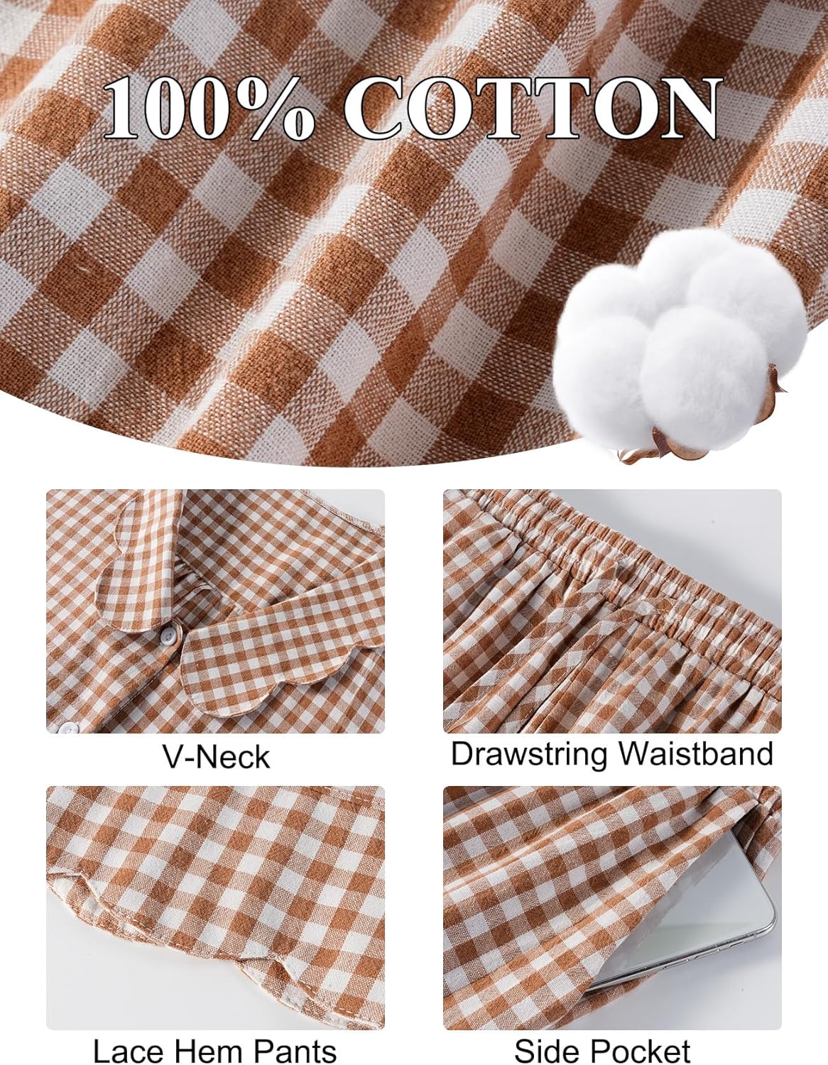 Kissonic Womens Gingham Pajama Set Cute Cotton Ruffle Pajamas Cozy Plaid Y2K Pjs Babydoll Sleepwear - Image 6