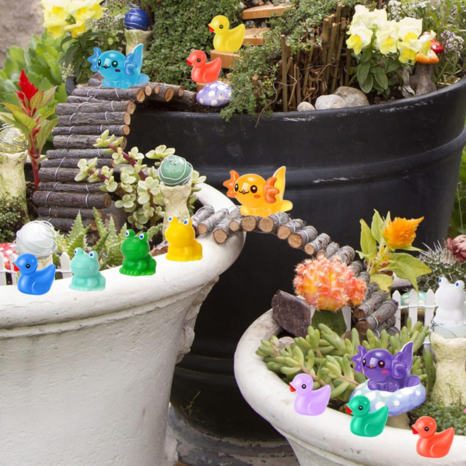 Barydat 100 Pcs Vibrant Mini Resin Animals, Colorful Tiny Ducks, Axolotls, Frogs, Realistic Miniature Figures for Fairy Garden, Dollhouse, Aquarium, Landscape Prizes Decor