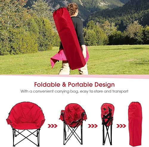 Vista 15 de Tangkula Oversized Camping Chair, Outdoor Padded Folding Chair with Cup Holder, Moon Round Saucer Club Chair, Outside Foldable Camp Chair with Carry